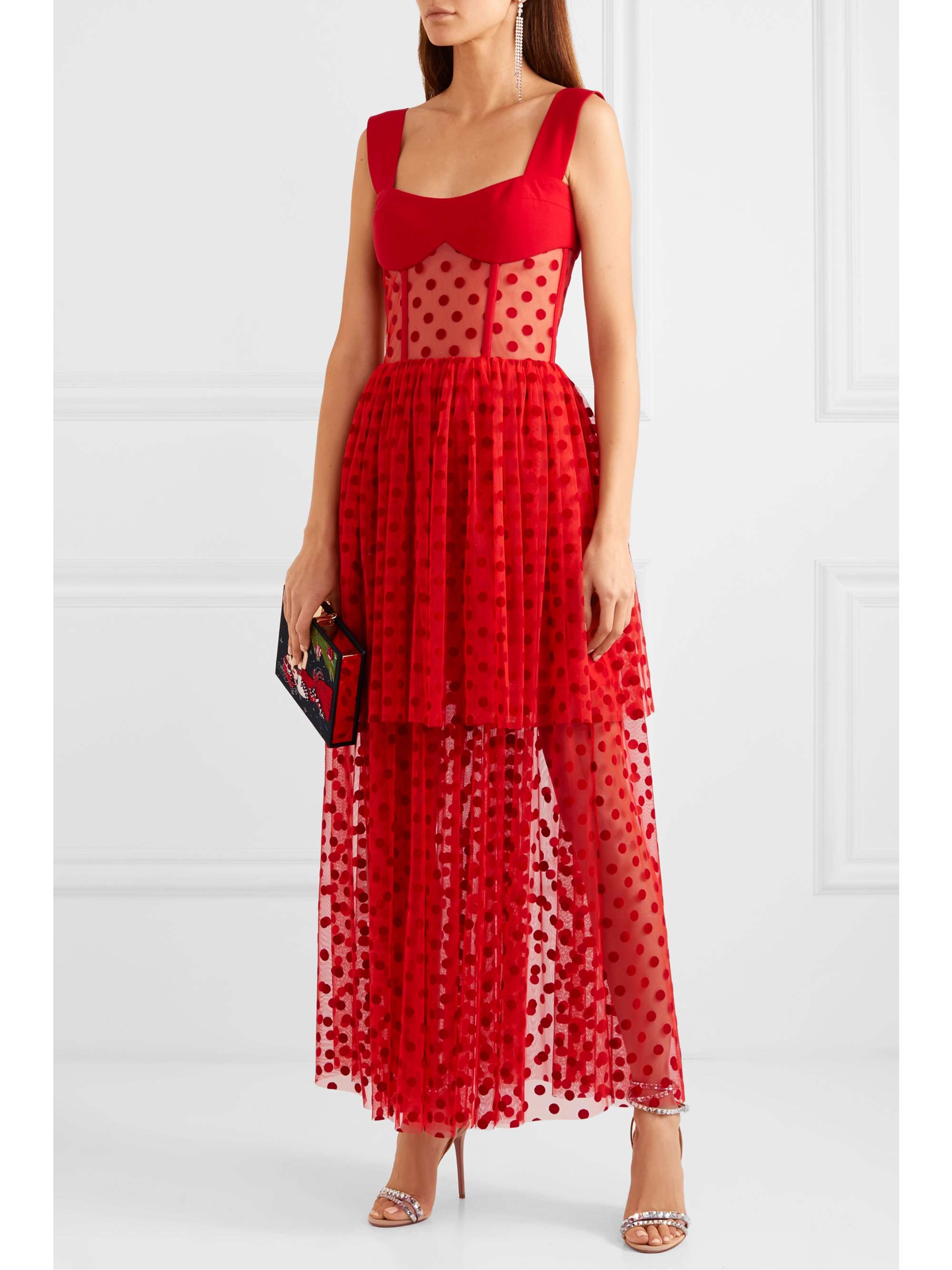 RASARIO Tiered polka-dot flocked tulle and cady gown