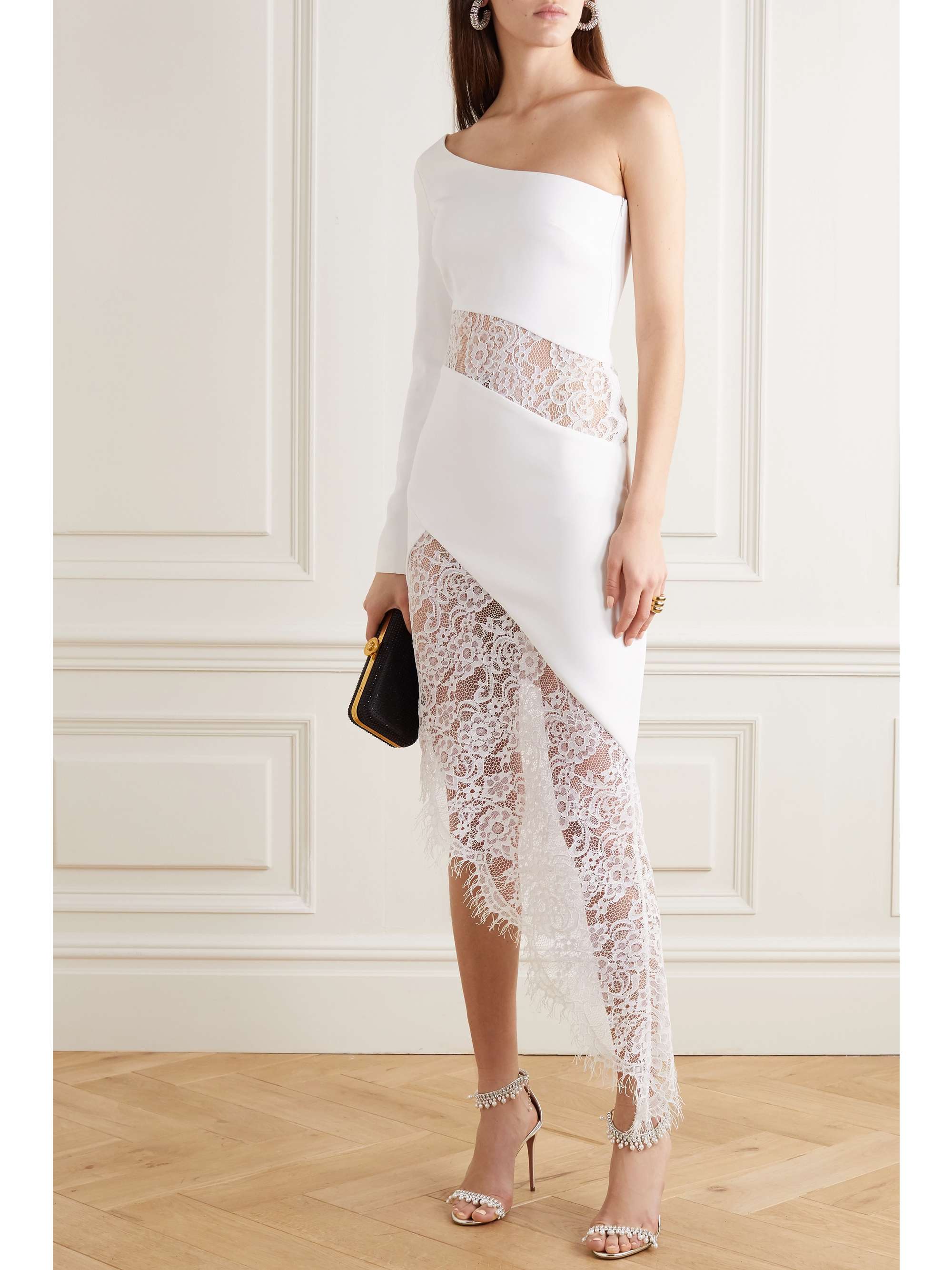RASARIO Asymmetric one-sleeve lace-paneled crepe midi dress