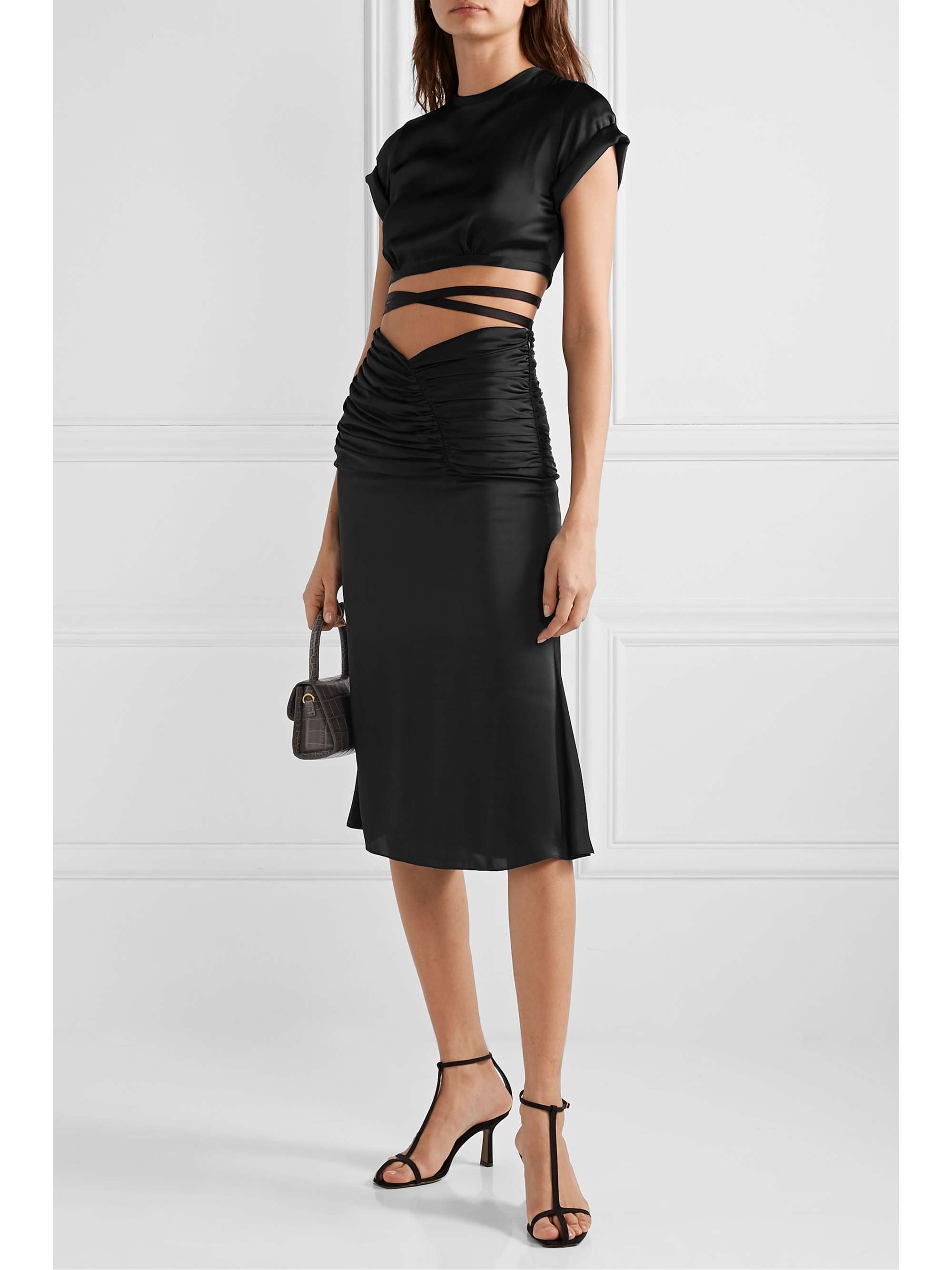 knee length black ruched skirt