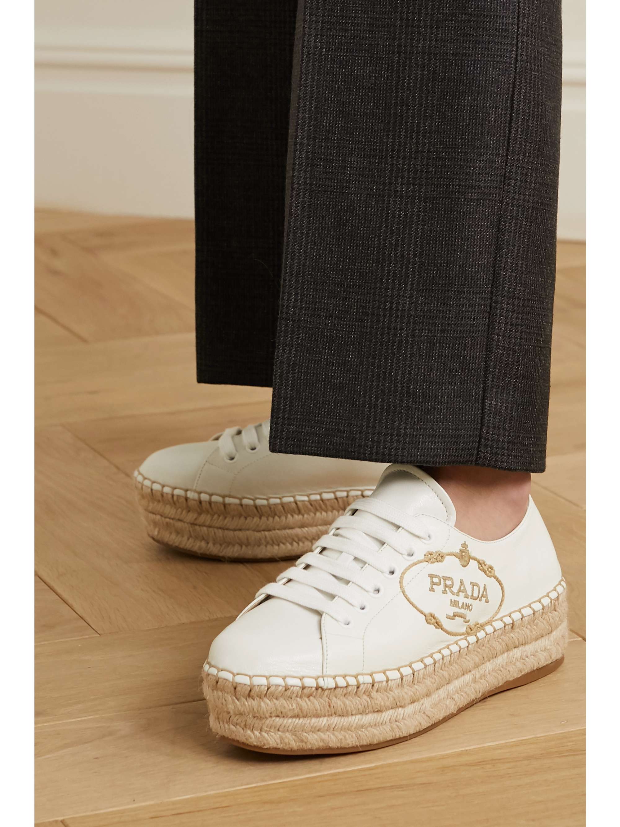 White Logo-embroidered leather platform espadrilles | PRADA |