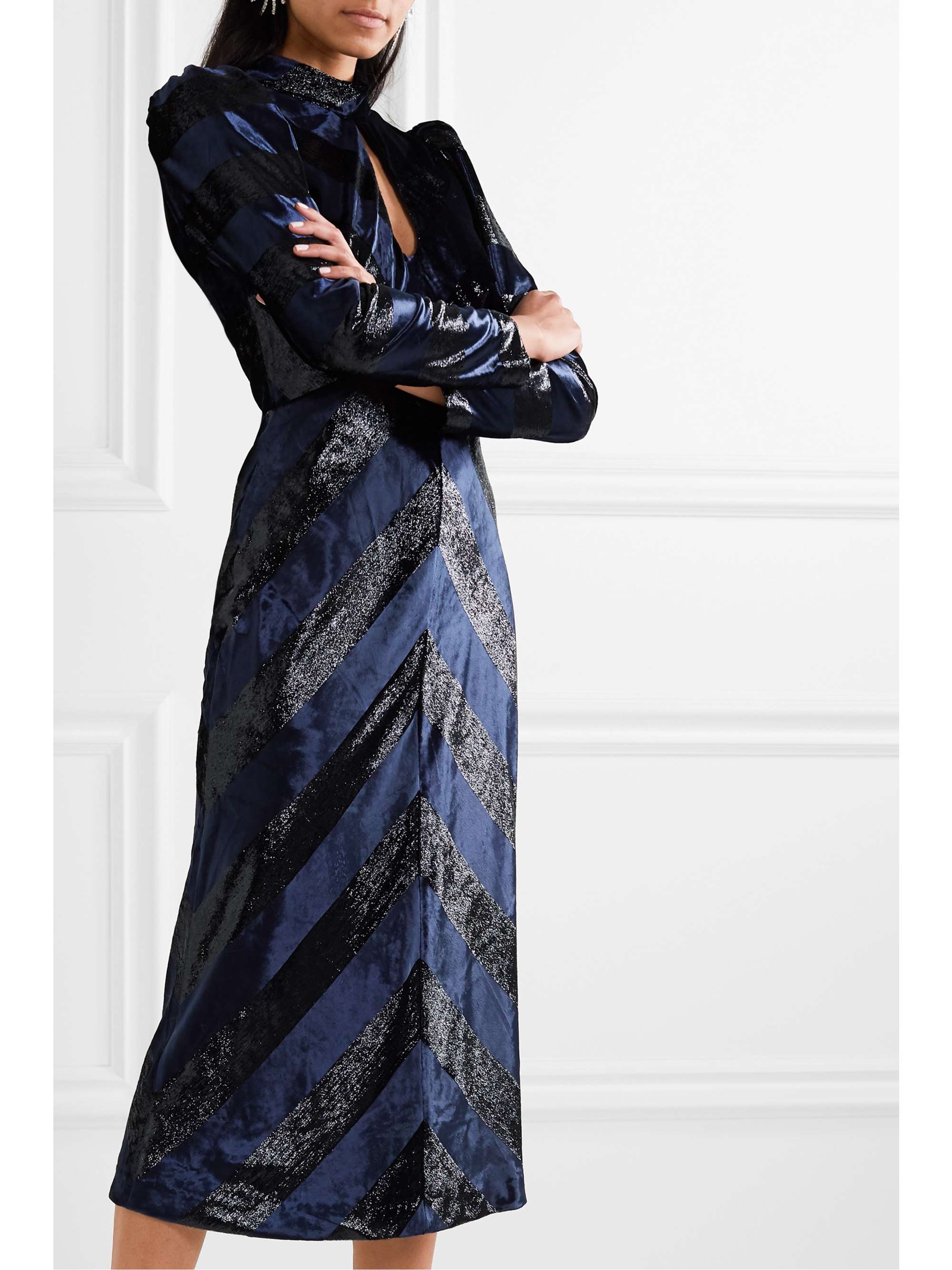 REBECCA VALLANCE Maison open-back striped metallic velvet midi dress