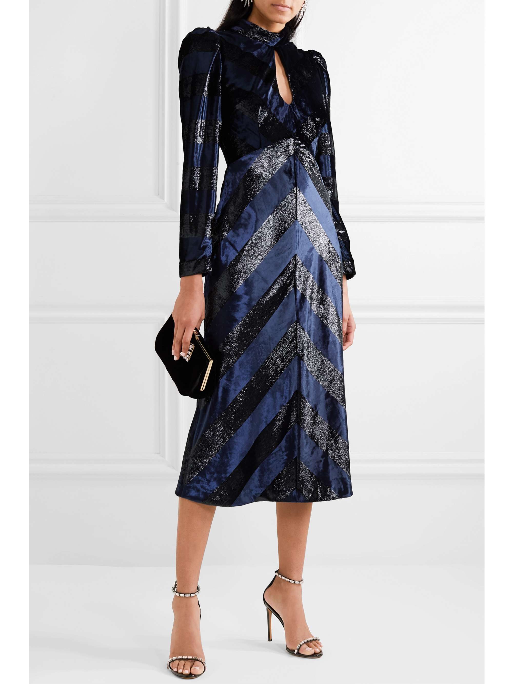 REBECCA VALLANCE Maison open-back striped metallic velvet midi dress