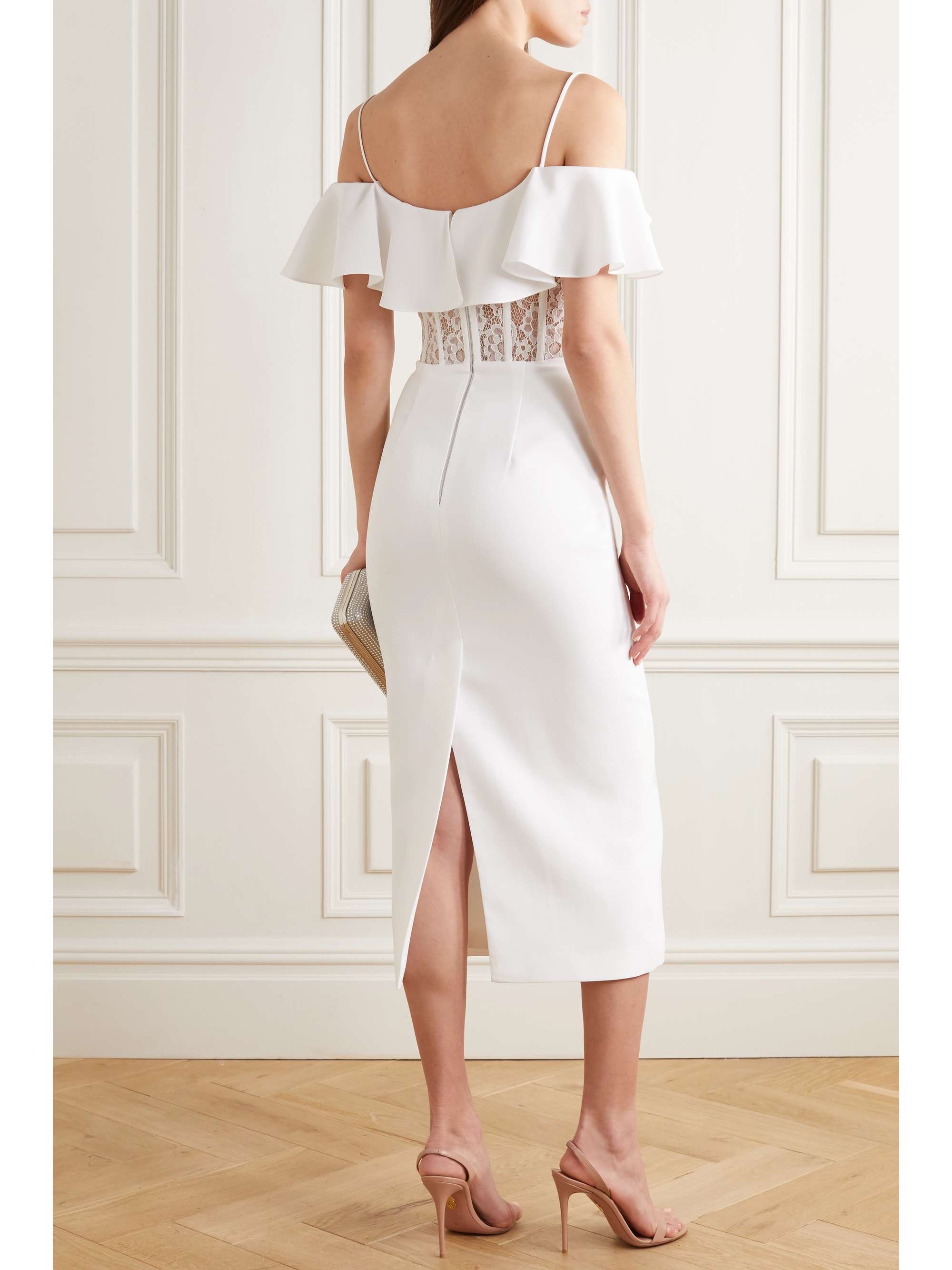 RASARIO Ruffled crepe, lace and tulle midi dress