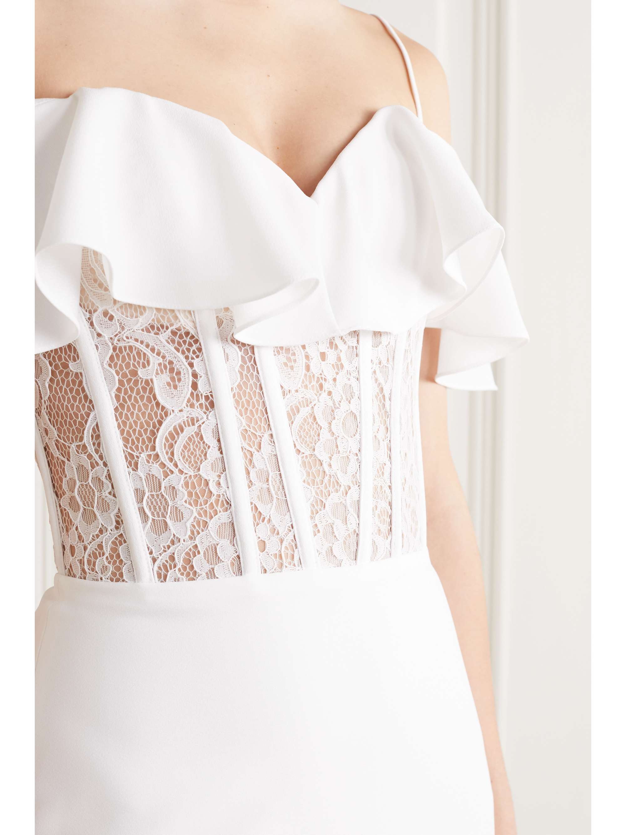 RASARIO Ruffled crepe, lace and tulle midi dress