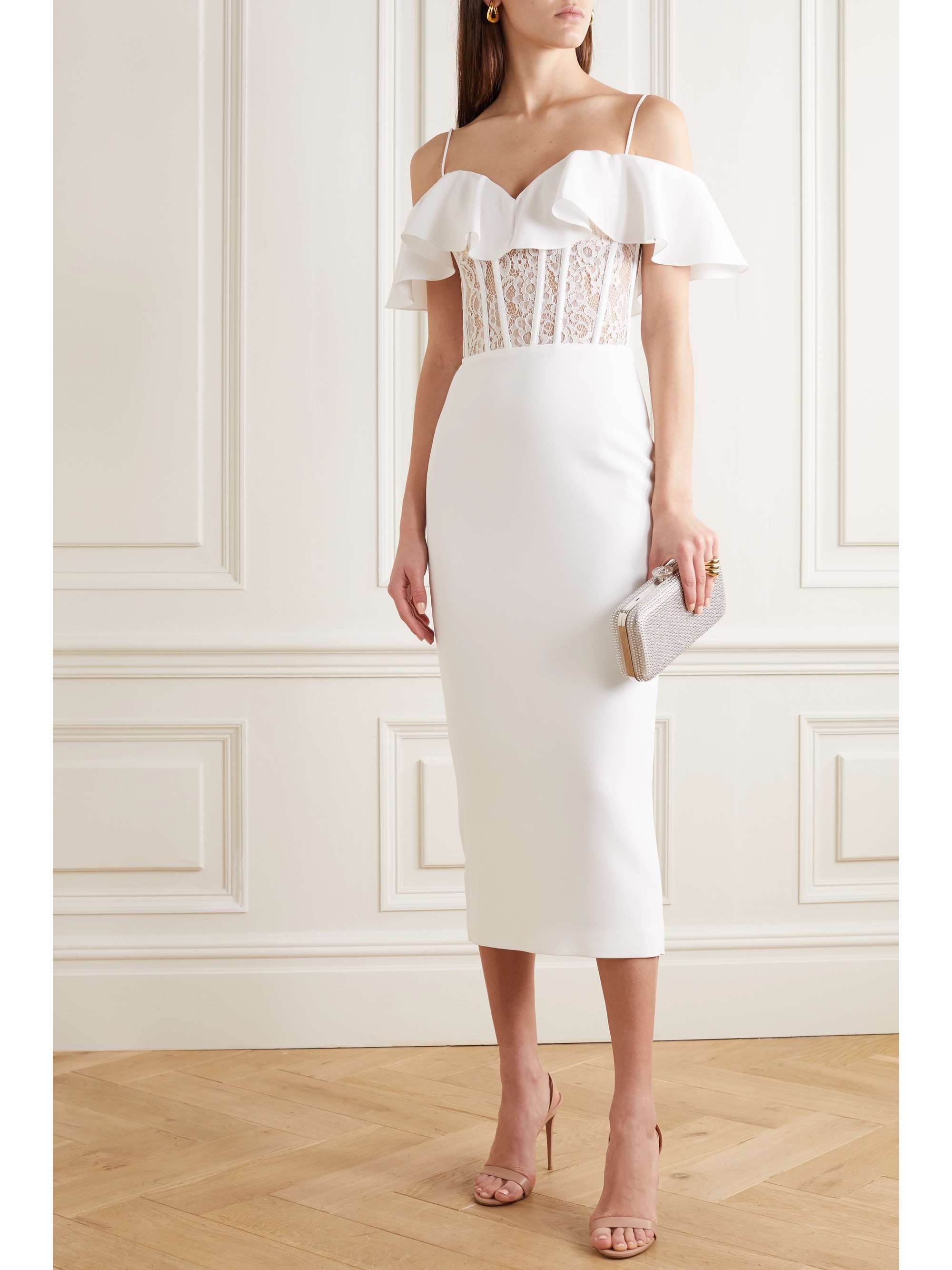RASARIO Ruffled crepe, lace and tulle midi dress