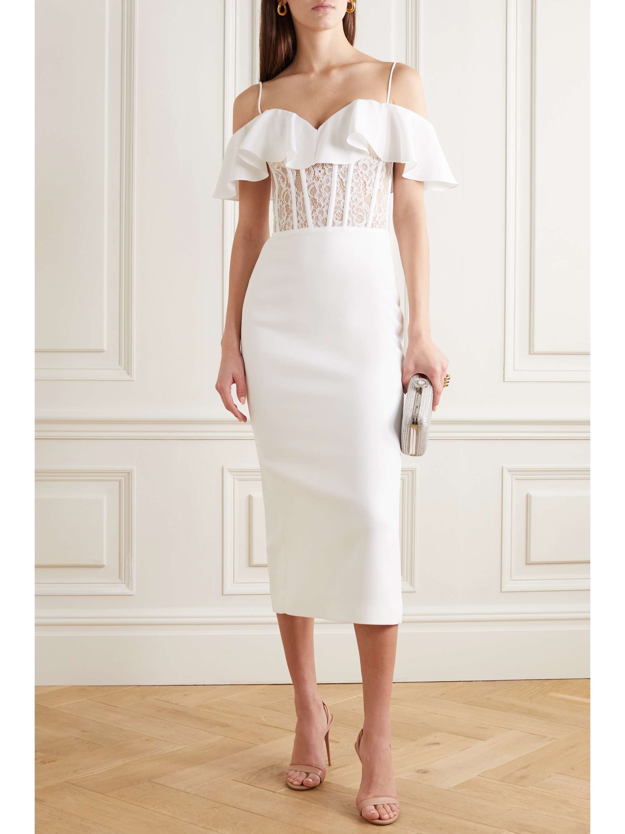 RASARIO Ruffled crepe, lace and tulle midi dress