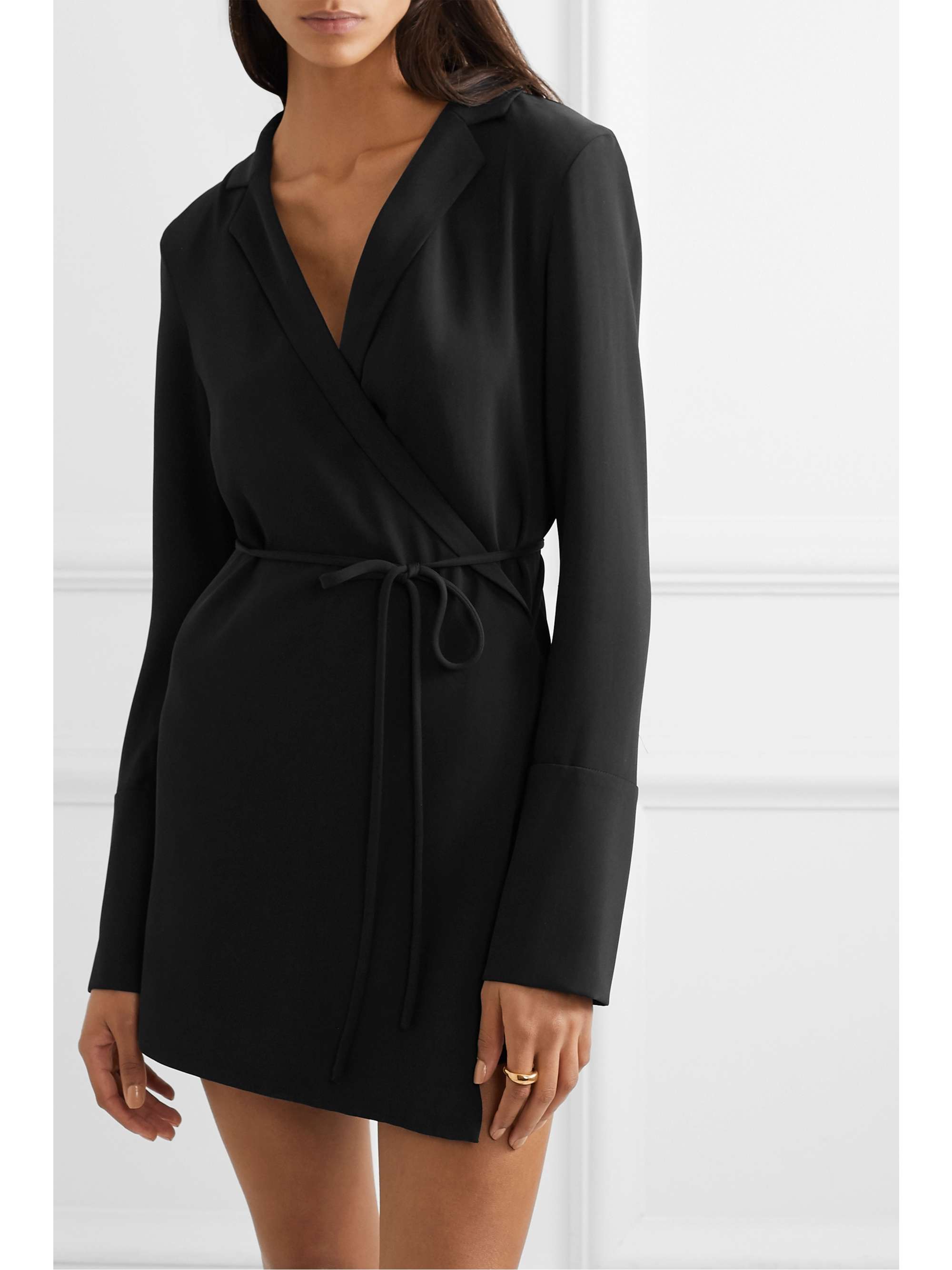 Black Boxy crepe wrap mini dress ...