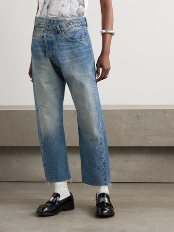 R13 Crossover asymmetric distressed high-rise wide-leg jeans