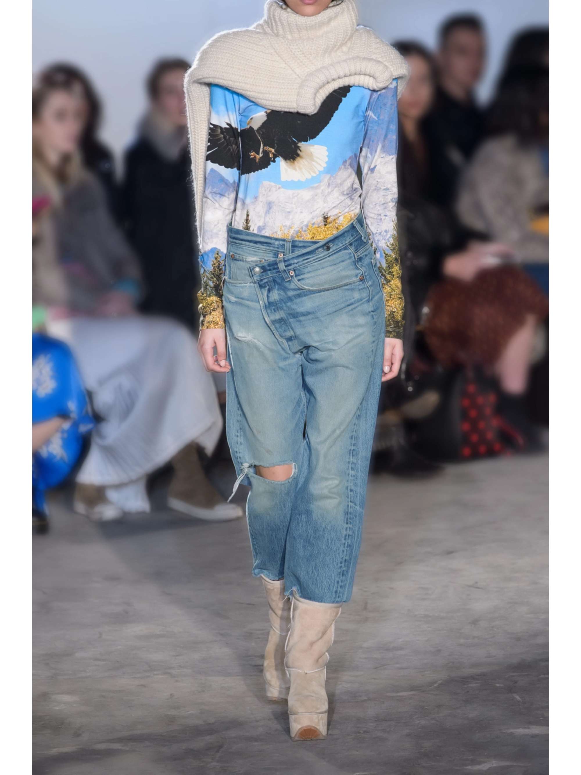 R13 Crossover asymmetric distressed high-rise wide-leg jeans