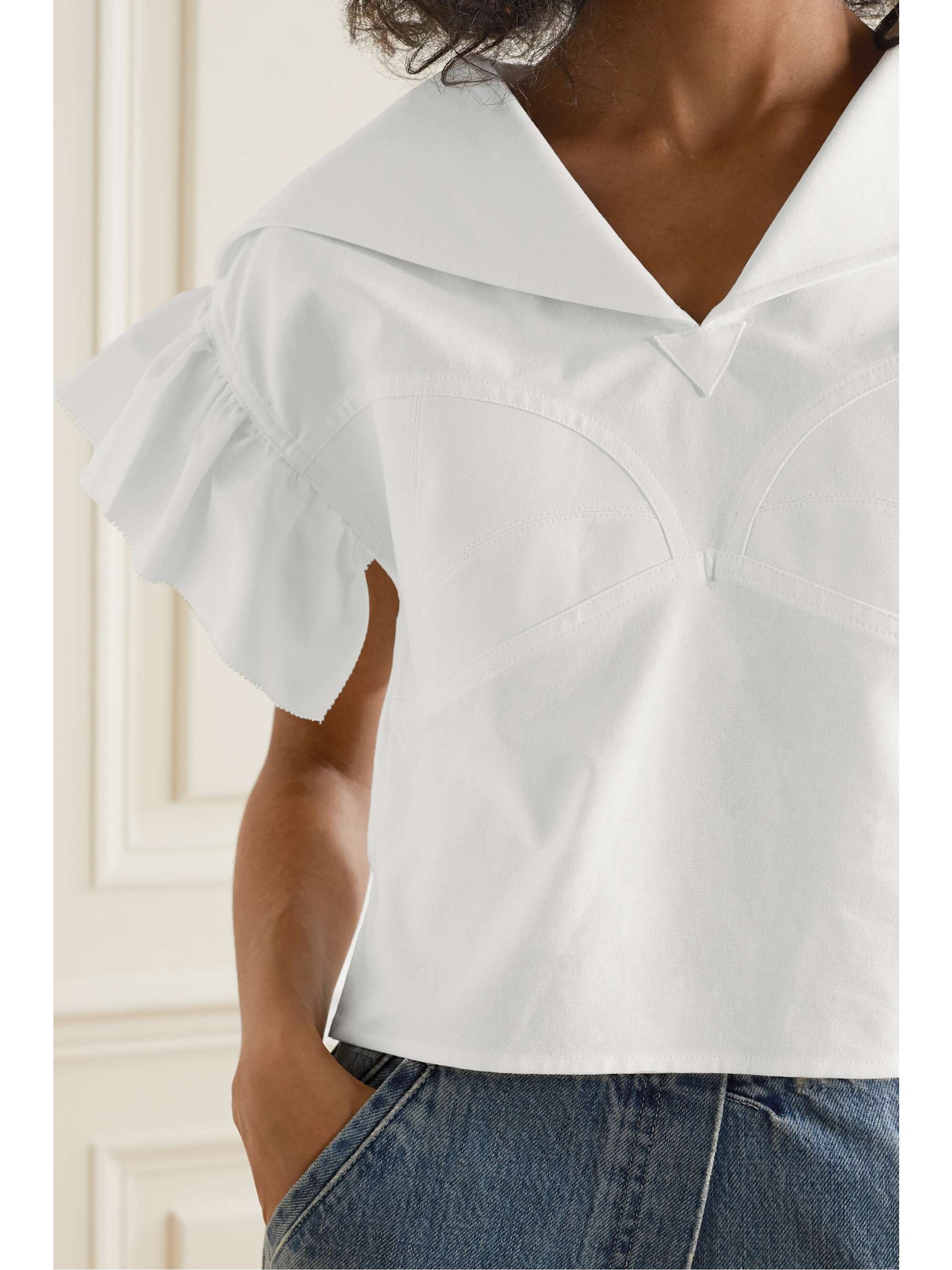 PUSHBUTTON Ruffled cotton-poplin blouse