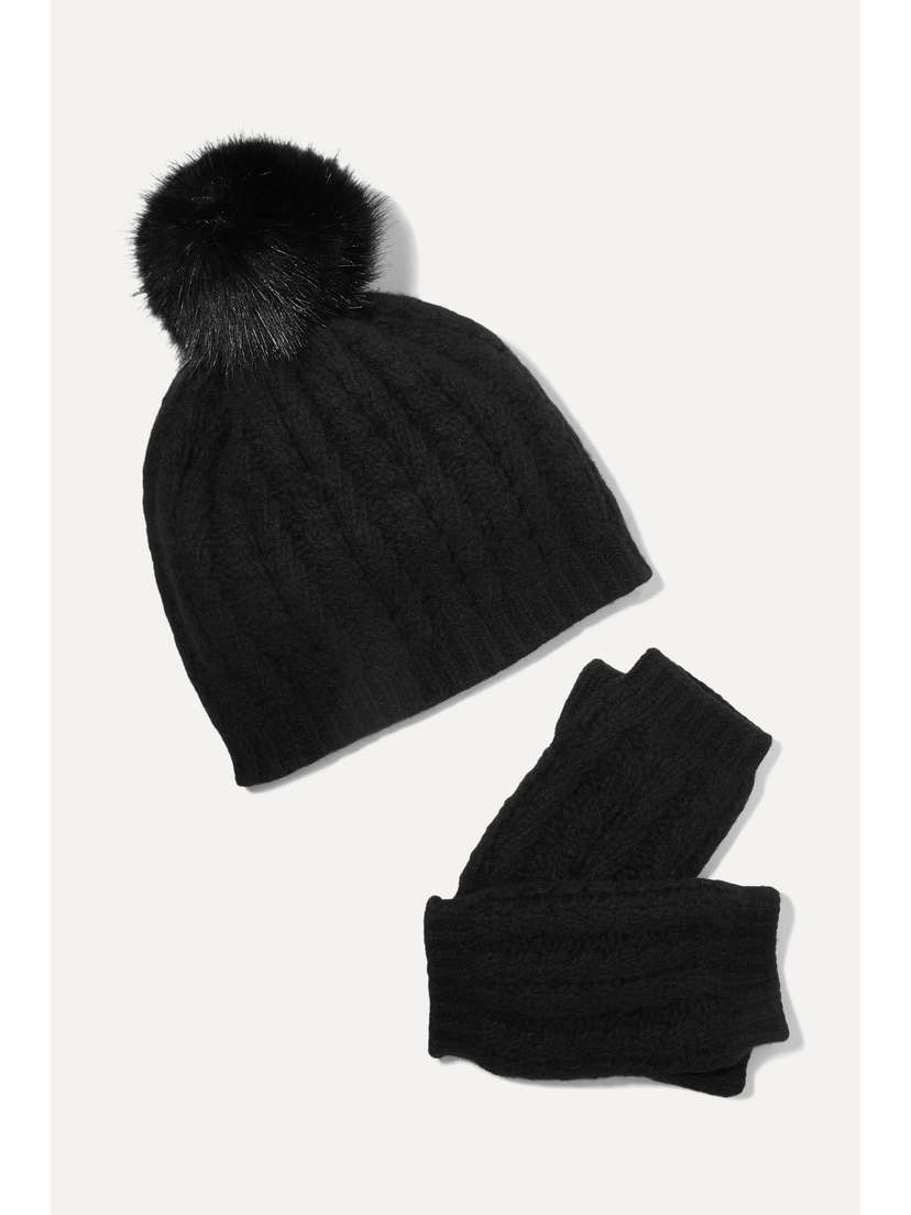 PORTOLANO Faux Fur-trimmed Cable-knit Cashmere Beanie And Fingerless Gloves Set