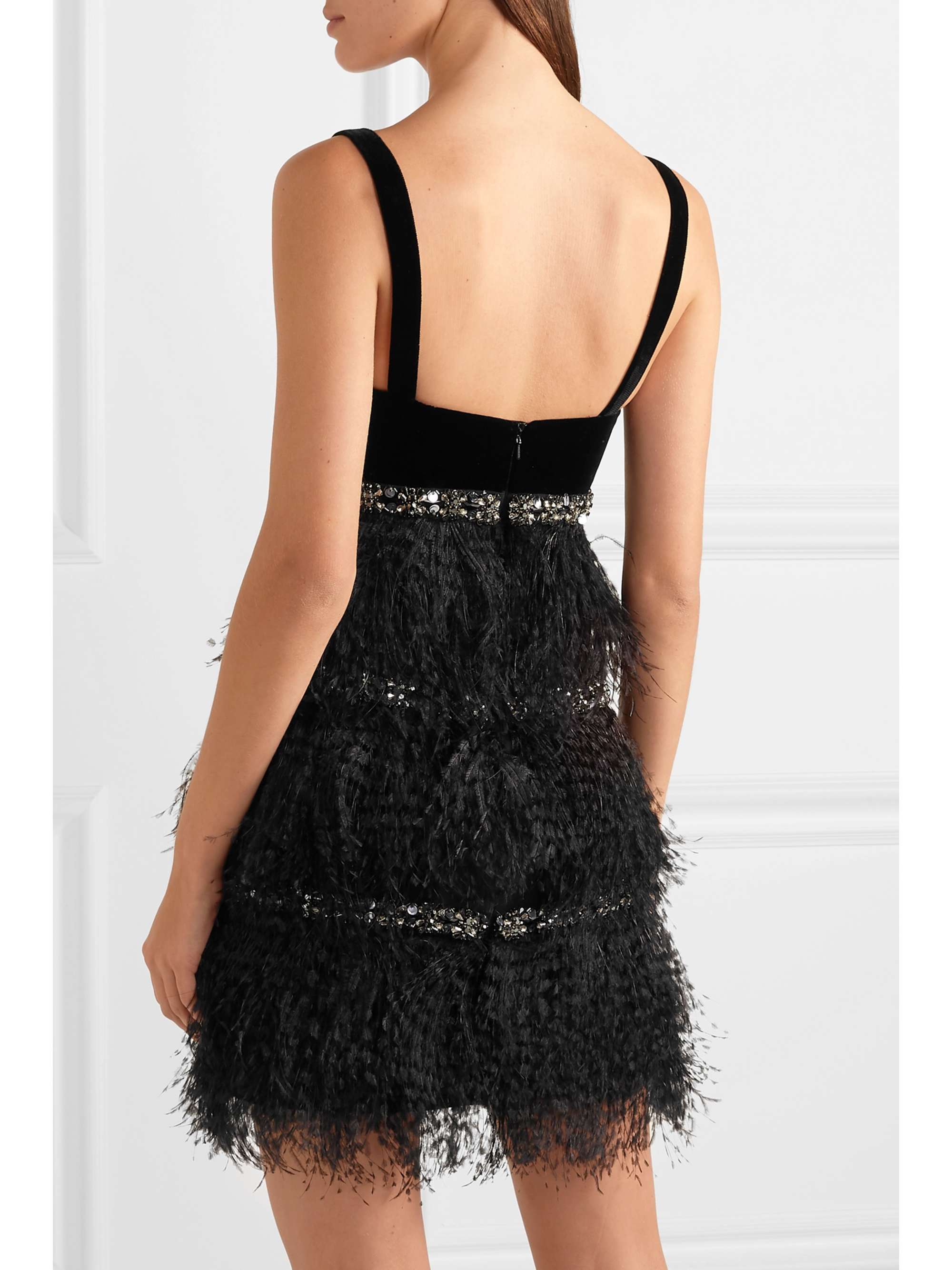 RALPH & RUSSO Embellished feather-trimmed velvet and crepe de chine mini dress