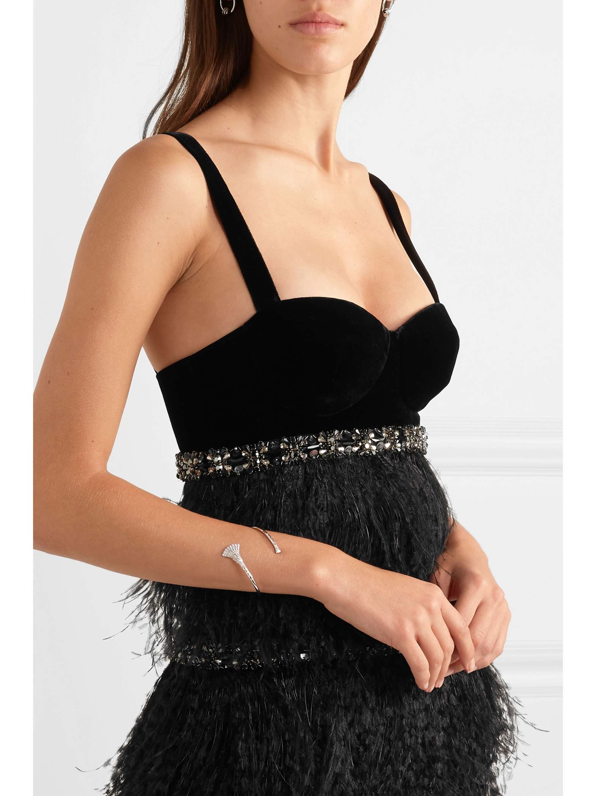 RALPH & RUSSO Embellished feather-trimmed velvet and crepe de chine mini dress