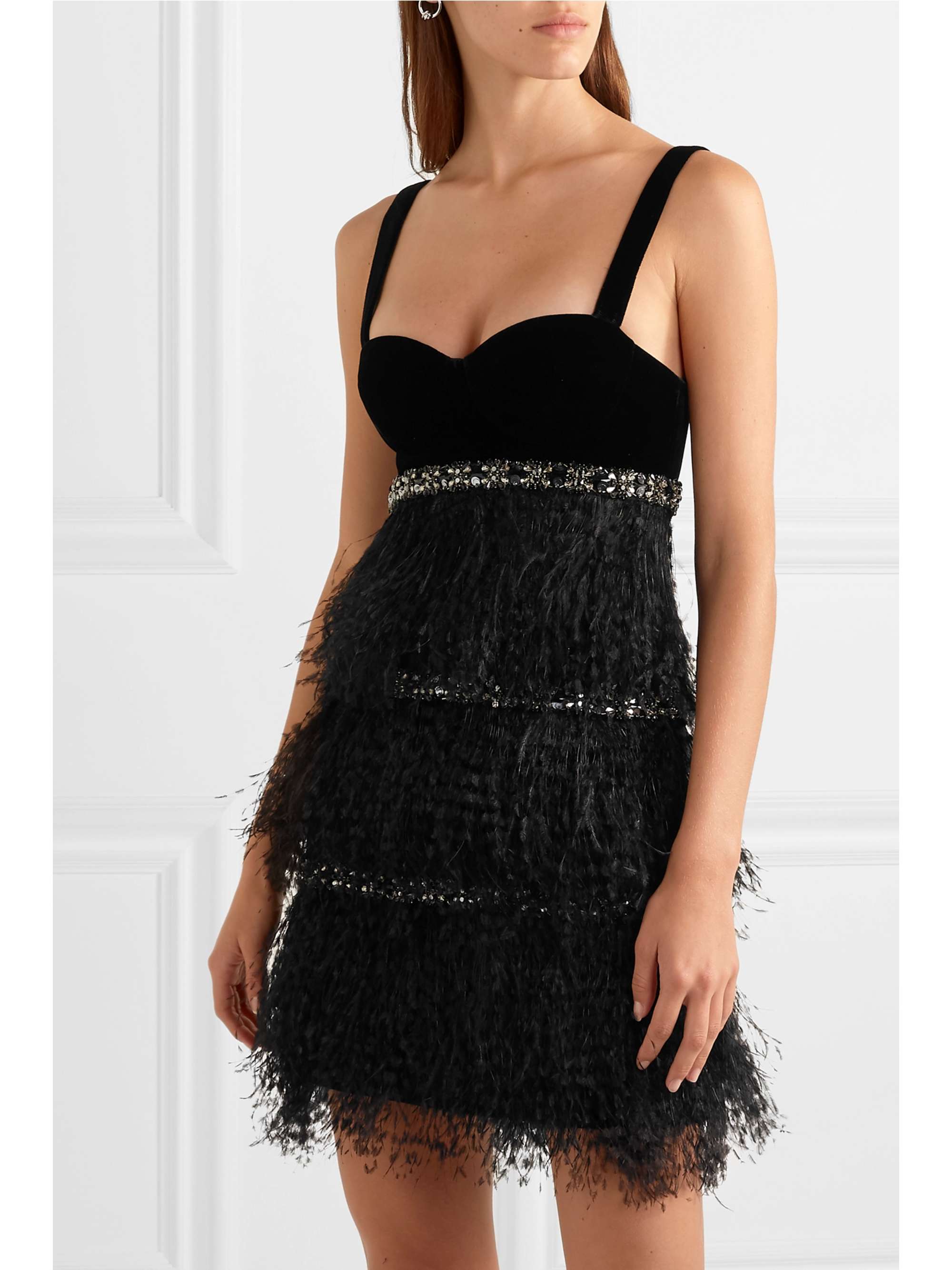 RALPH & RUSSO Embellished feather-trimmed velvet and crepe de chine mini dress