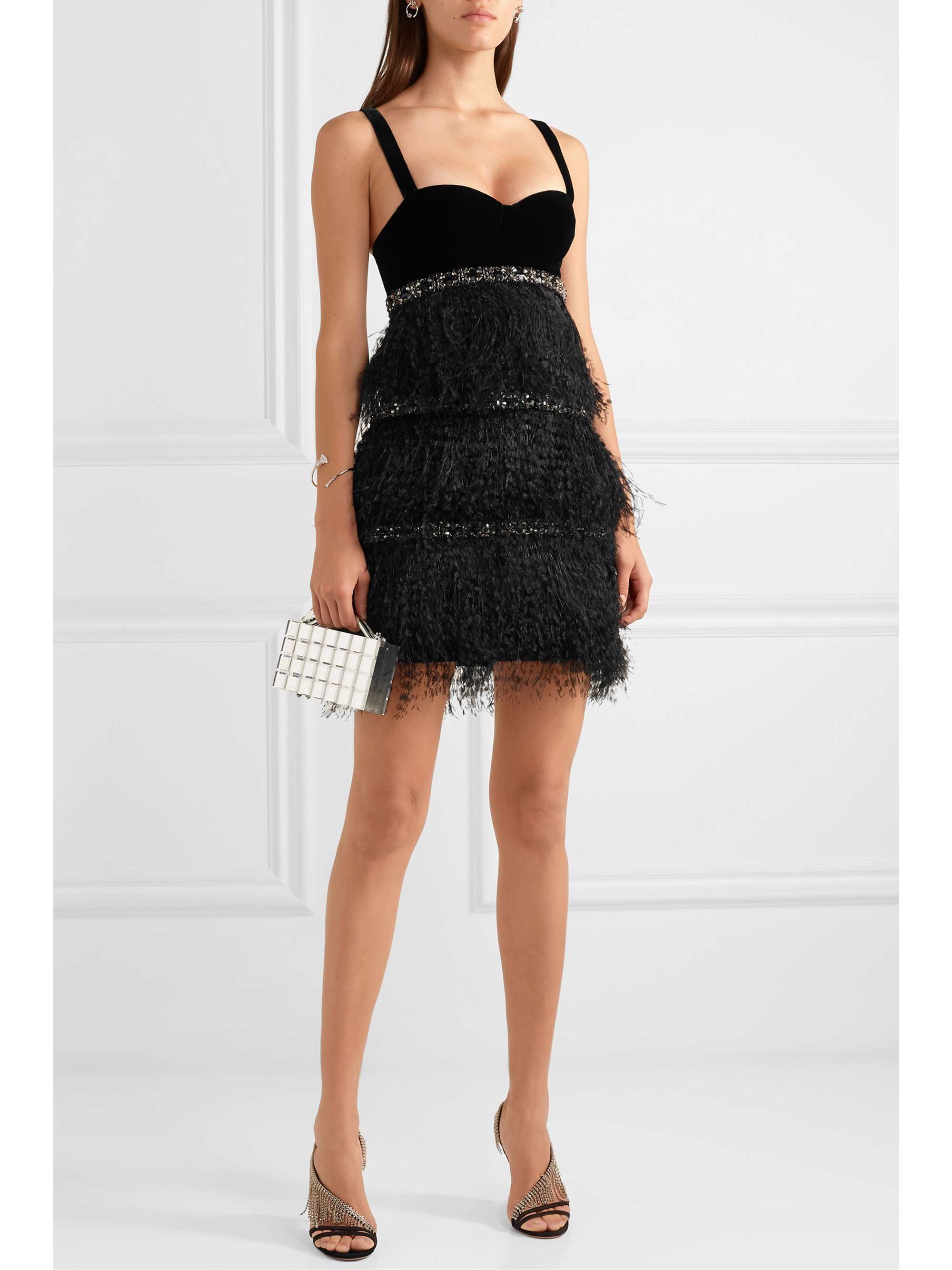 RALPH & RUSSO Embellished feather-trimmed velvet and crepe de chine mini dress