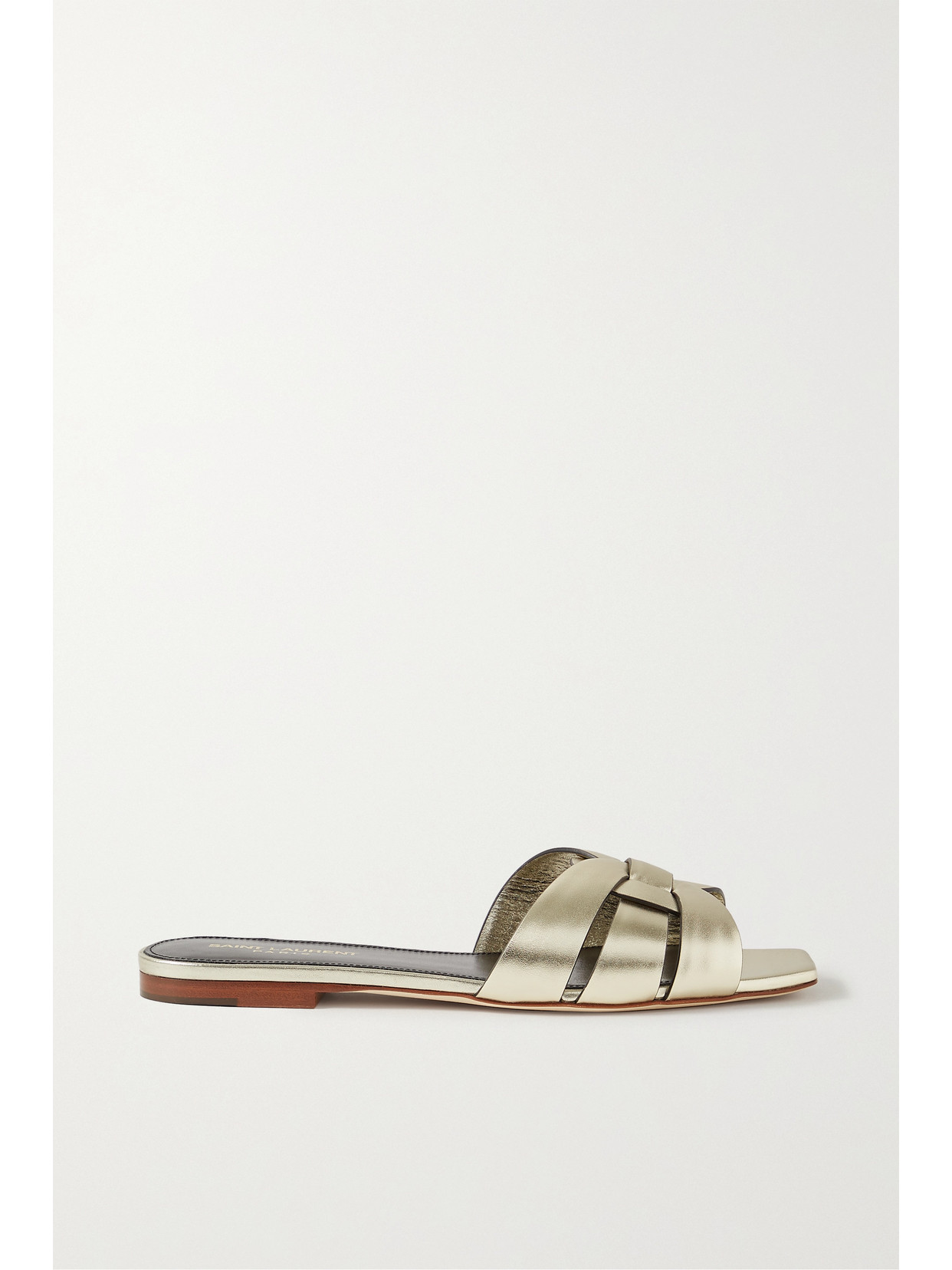 SAINT LAURENT NU PIEDS WOVEN METALLIC LEATHER SLIDES