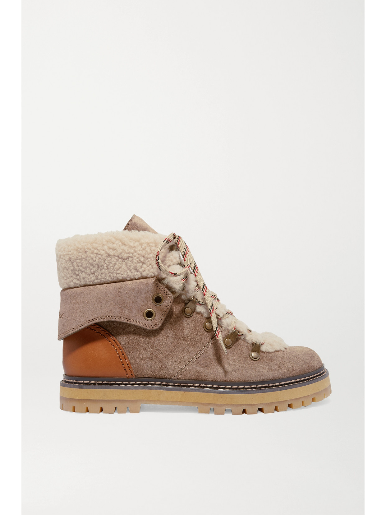 SEE BY CHLOÉ SHEARLING AND LEATHER-TRIMMED SUEDE ANKLE BOOTS