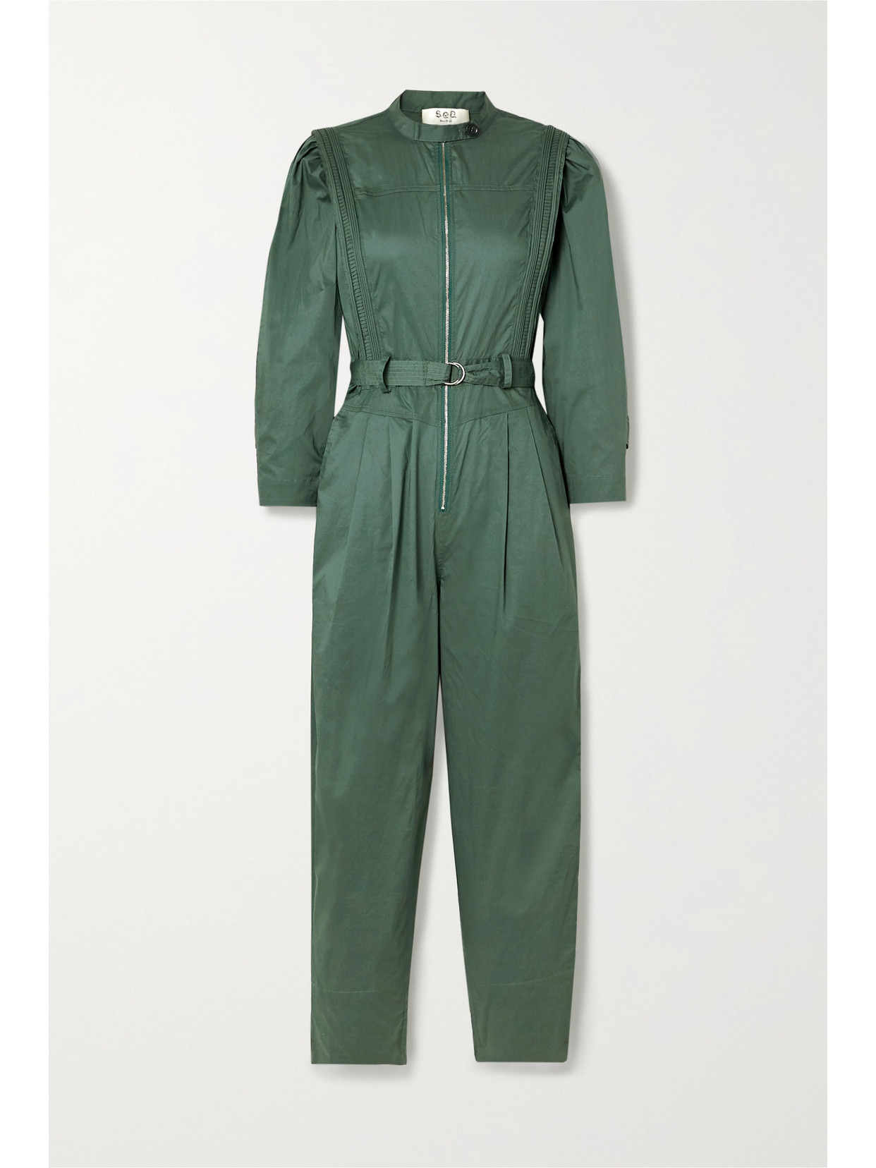 Sea Clara Belted Cotton-blend Poplin Jumpsuit In Green