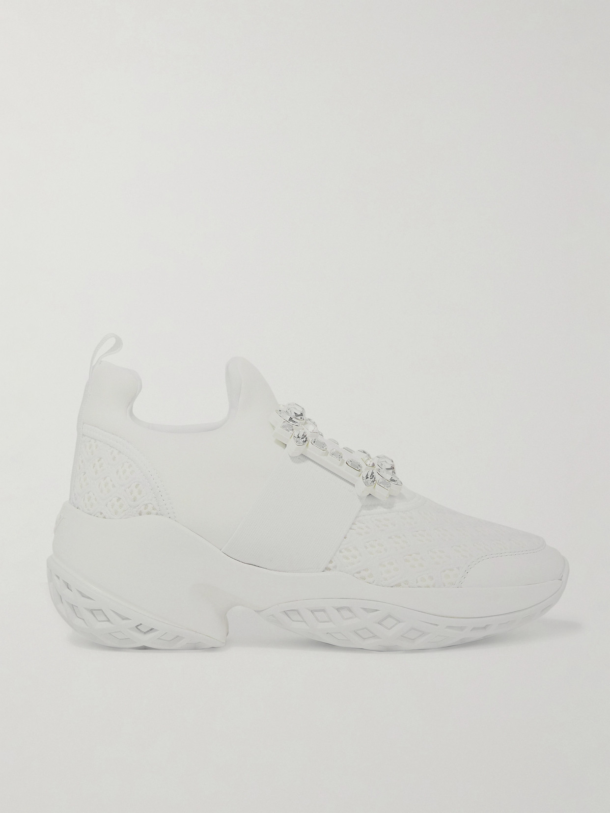 Shop Roger Vivier Viv Run Crystal-embellished Mesh And Leather Slip-on Sneakers In White