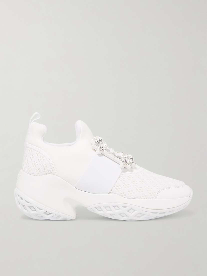 Roger Vivier Viv Run Crystal-embellished Mesh And Leather Slip-on Sneakers