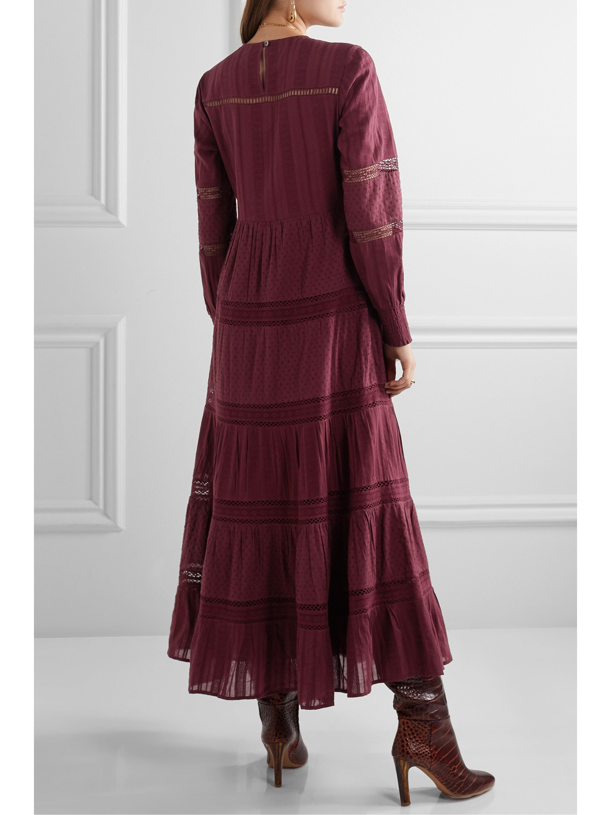Sea Pascale Crochet-trimmed Embroidered Cotton-voile Maxi Dress In Burgundy