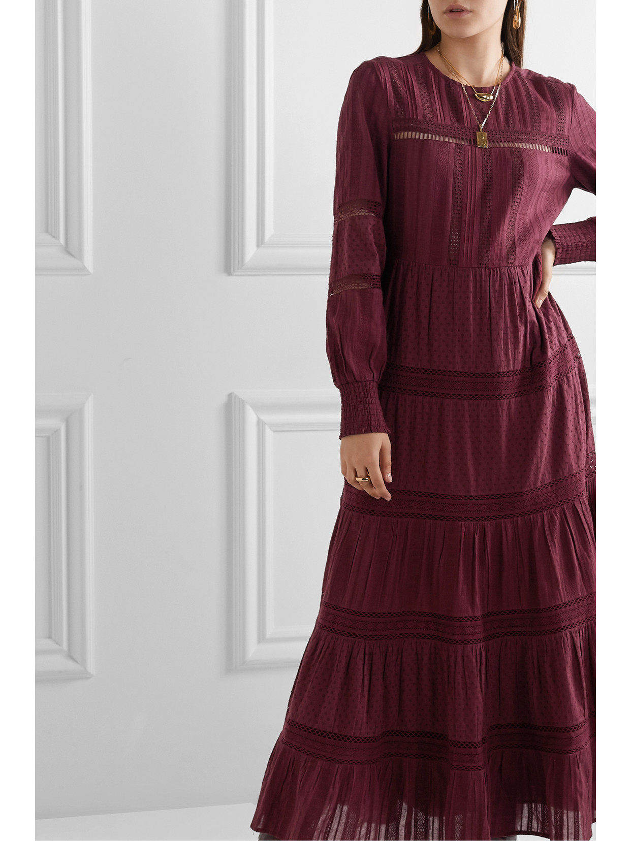 Sea Pascale Crochet-trimmed Embroidered Cotton-voile Maxi Dress In Burgundy