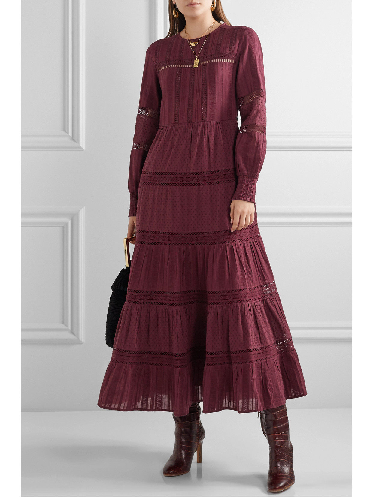 Sea Pascale Crochet-trimmed Embroidered Cotton-voile Maxi Dress In Burgundy