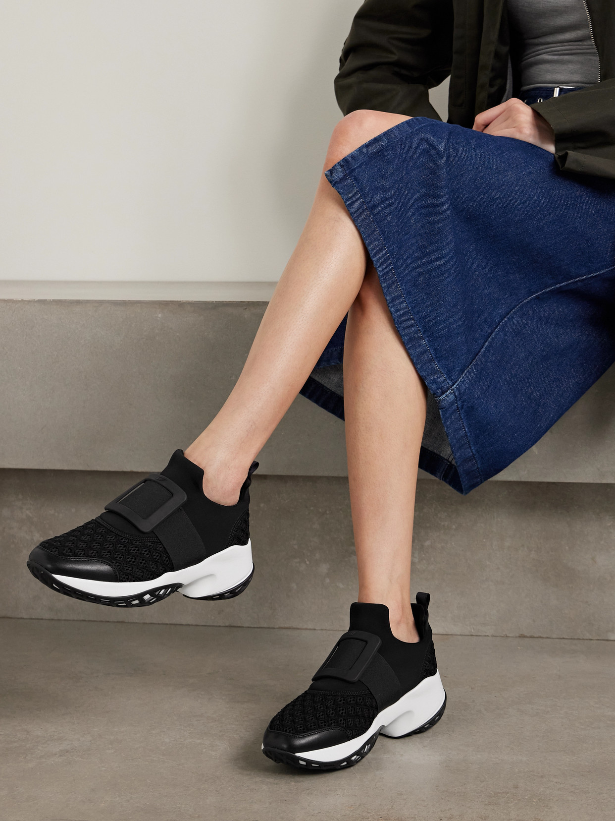 Shop Roger Vivier Viv Run Mesh And Leather Sneakers In Black