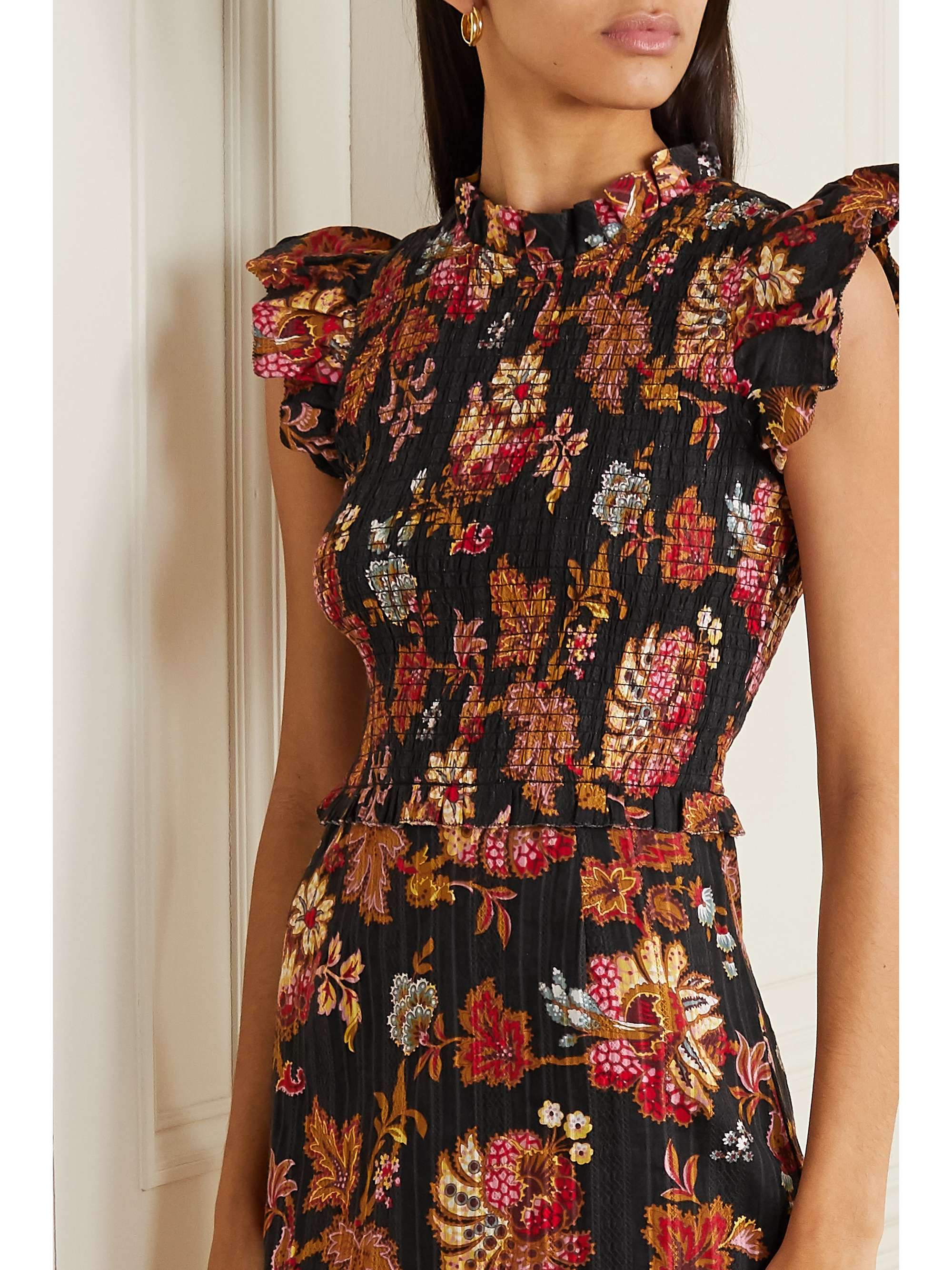 SEA Pascale ruffled shirred floral-print cotton-voile midi dress