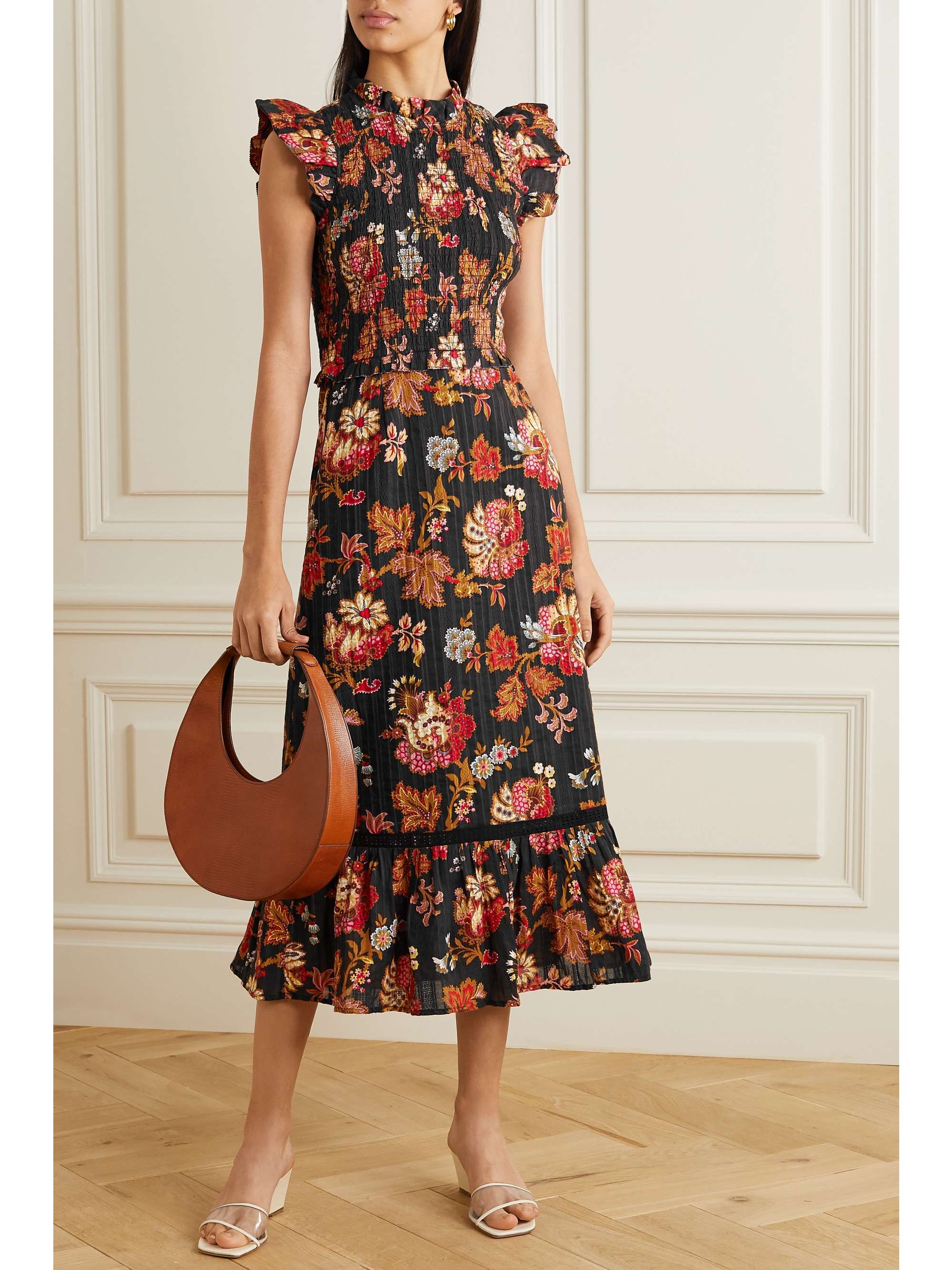SEA Pascale ruffled shirred floral-print cotton-voile midi dress