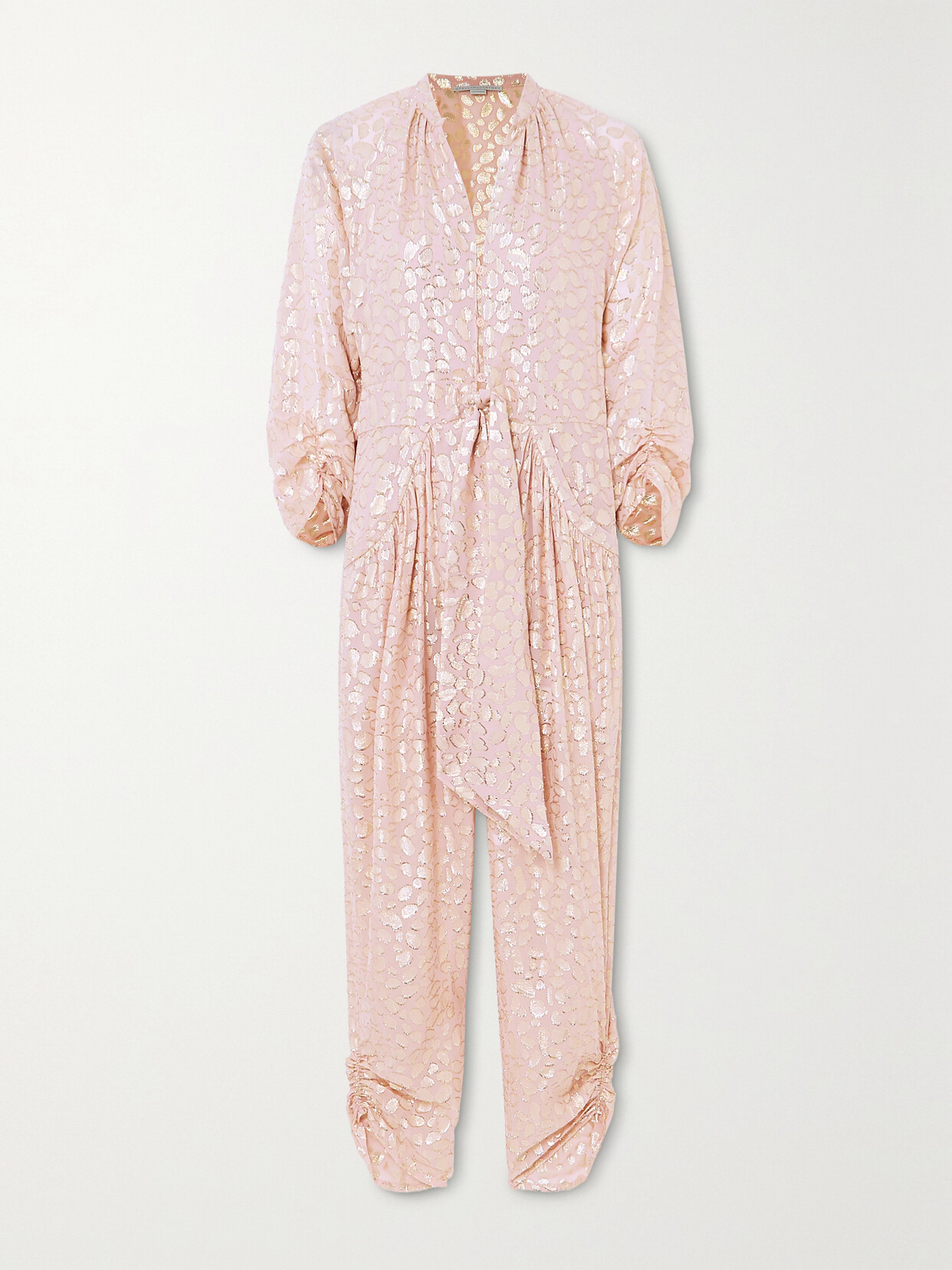 Stella McCartney Tie-front Ruched Metallic Fil Coupé Silk-blend Jumpsuit - Pink