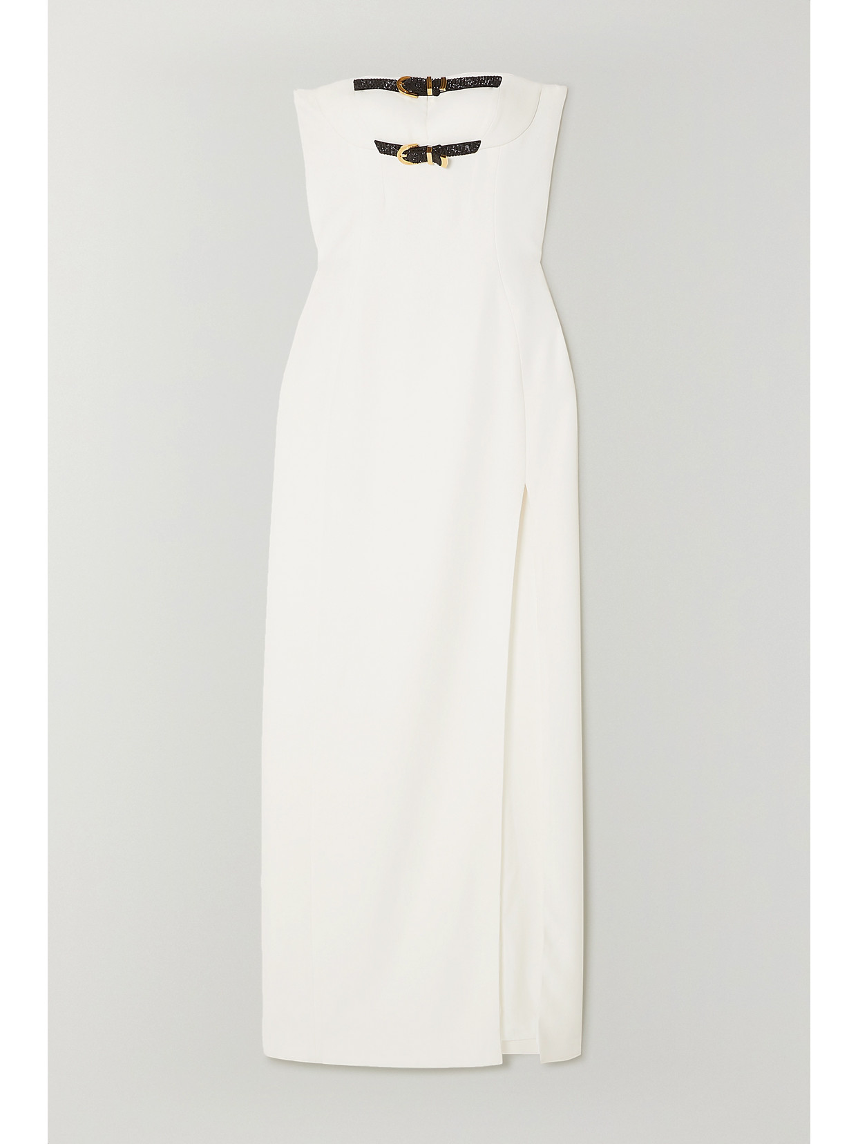 Versace Strapless Embellished Buckled Silk-cady Gown In White