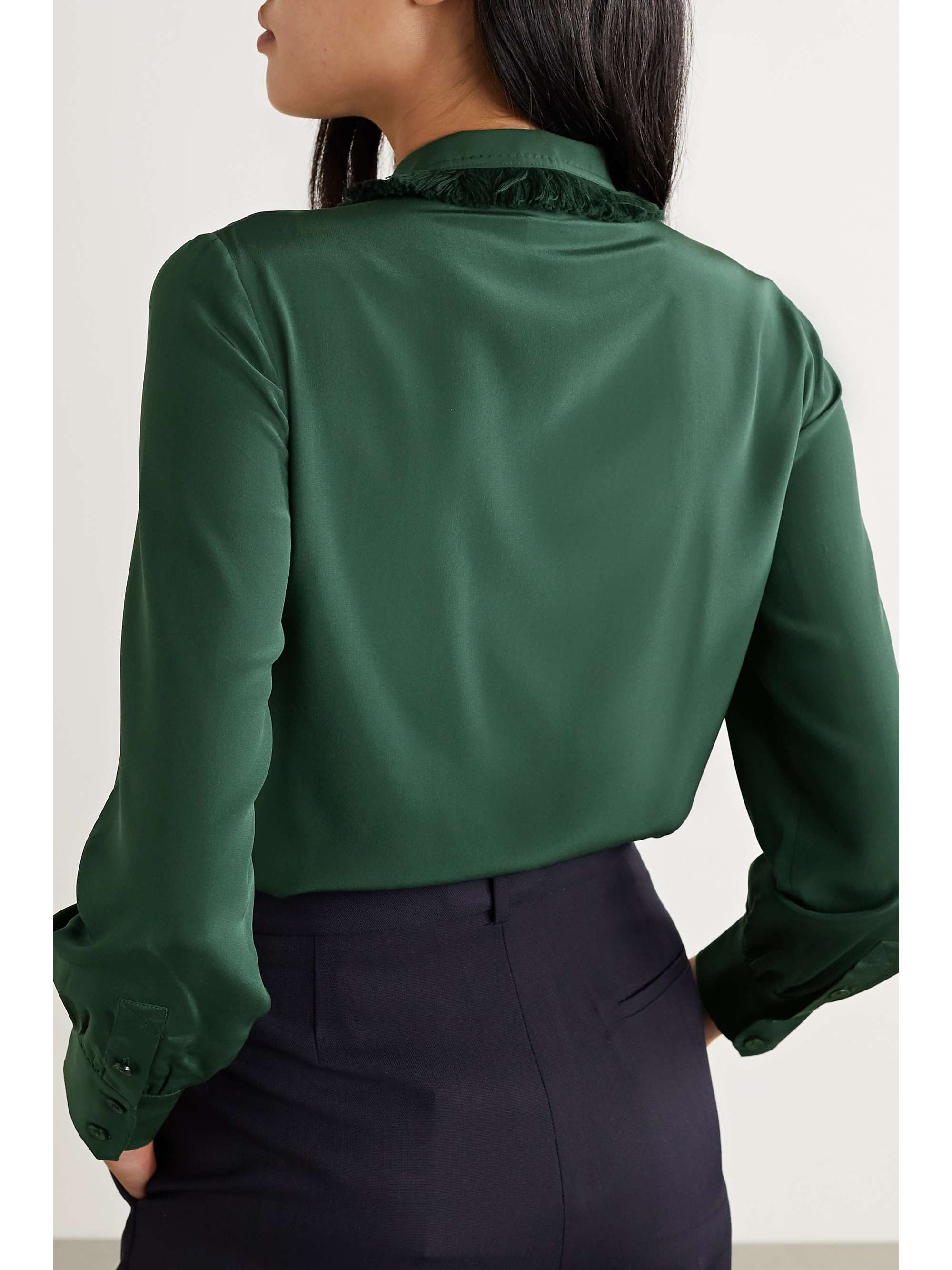 TORY BURCH Pussy-bow fringed silk crepe de chine shirt