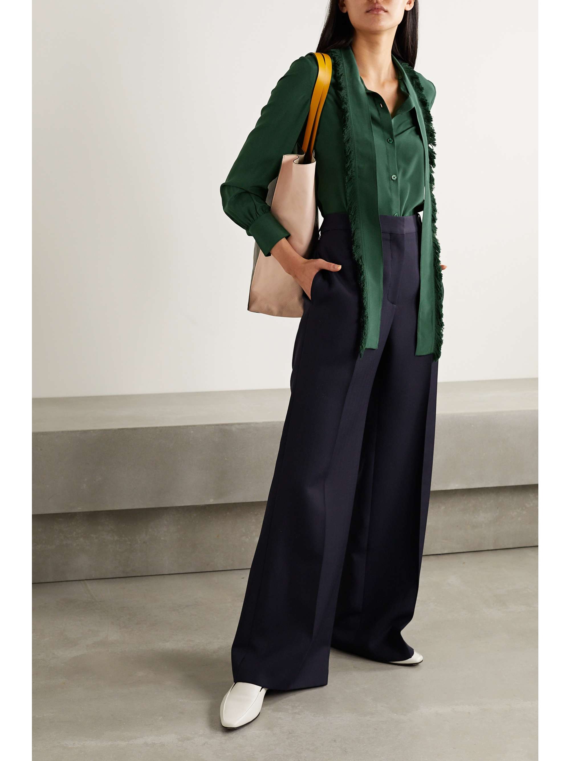TORY BURCH Pussy-bow fringed silk crepe de chine shirt
