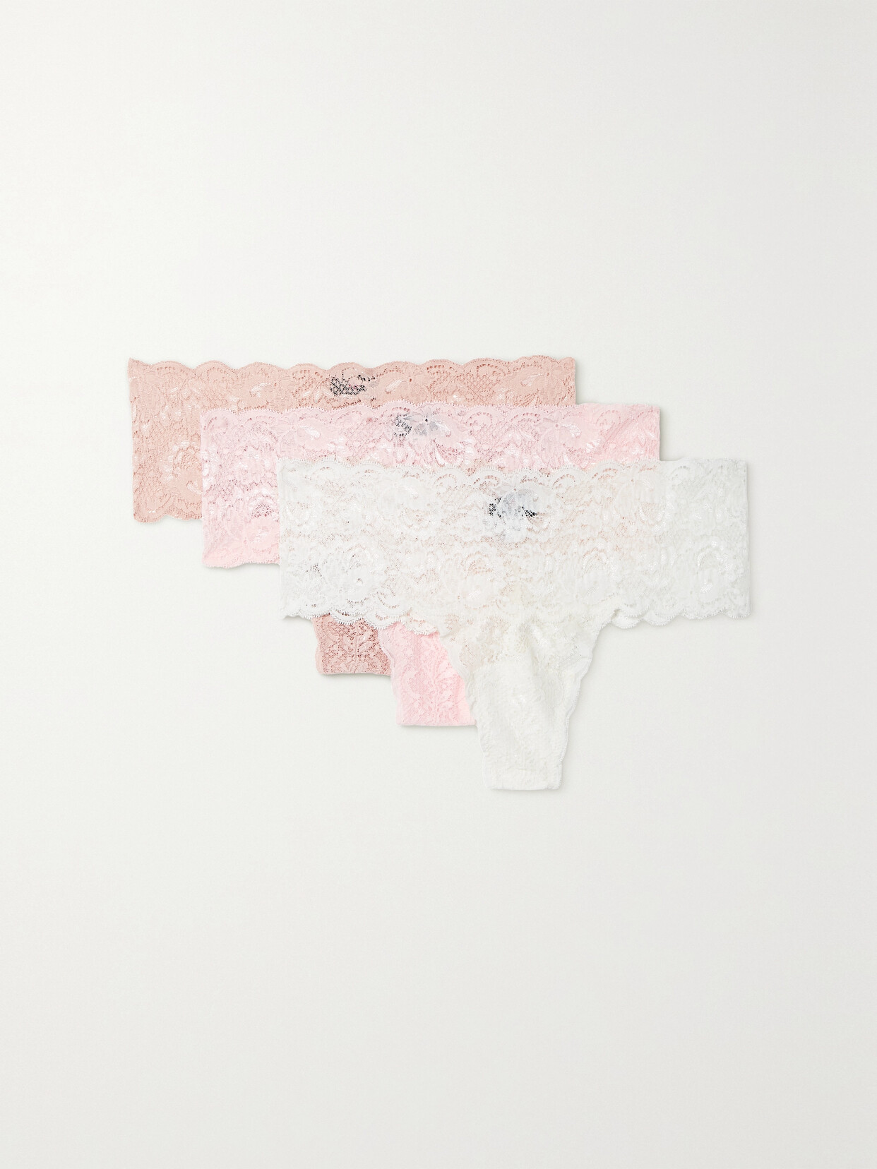 Cosabella Never Say Never Set Of Three Stretch-lace Thongs In Mandorla/pink