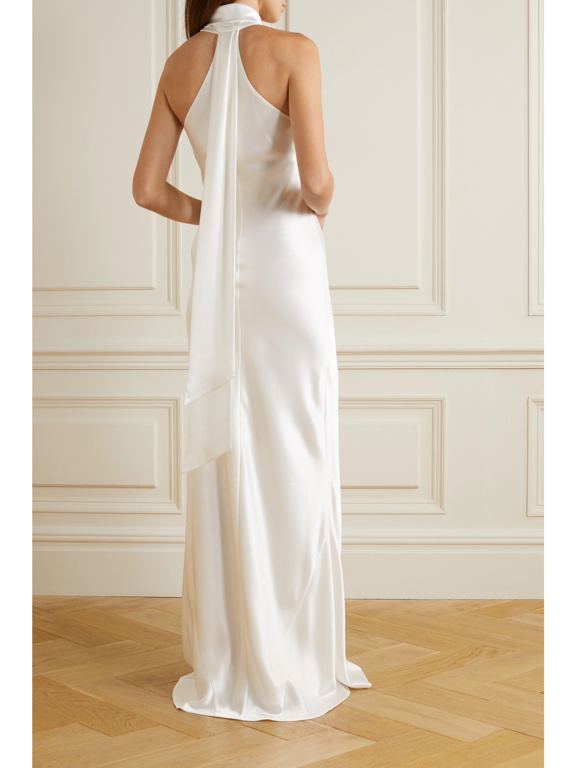 Galvan Mayfair halterneck asymmetric satin gown