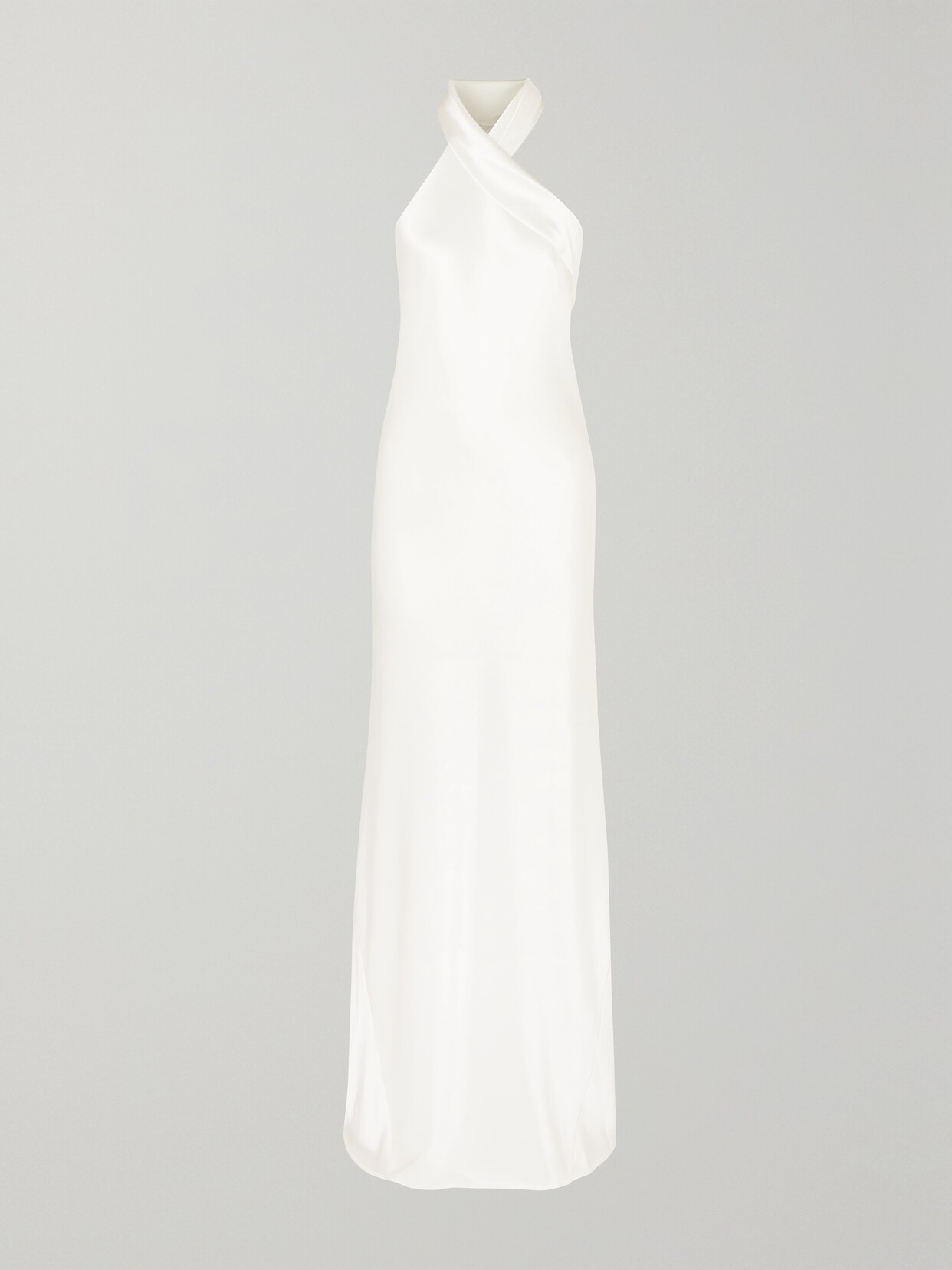 Galvan Mayfair Halterneck Asymmetric Satin Gown - White