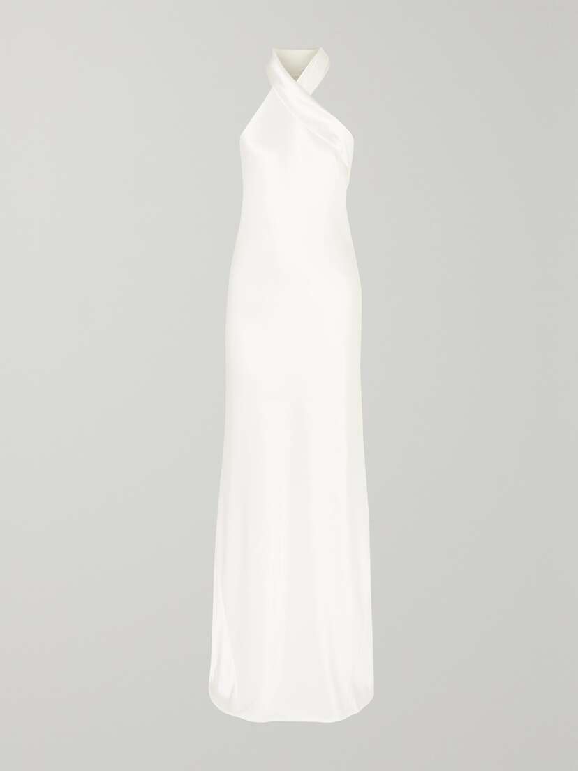 Galvan Mayfair Halterneck Asymmetric Satin Gown