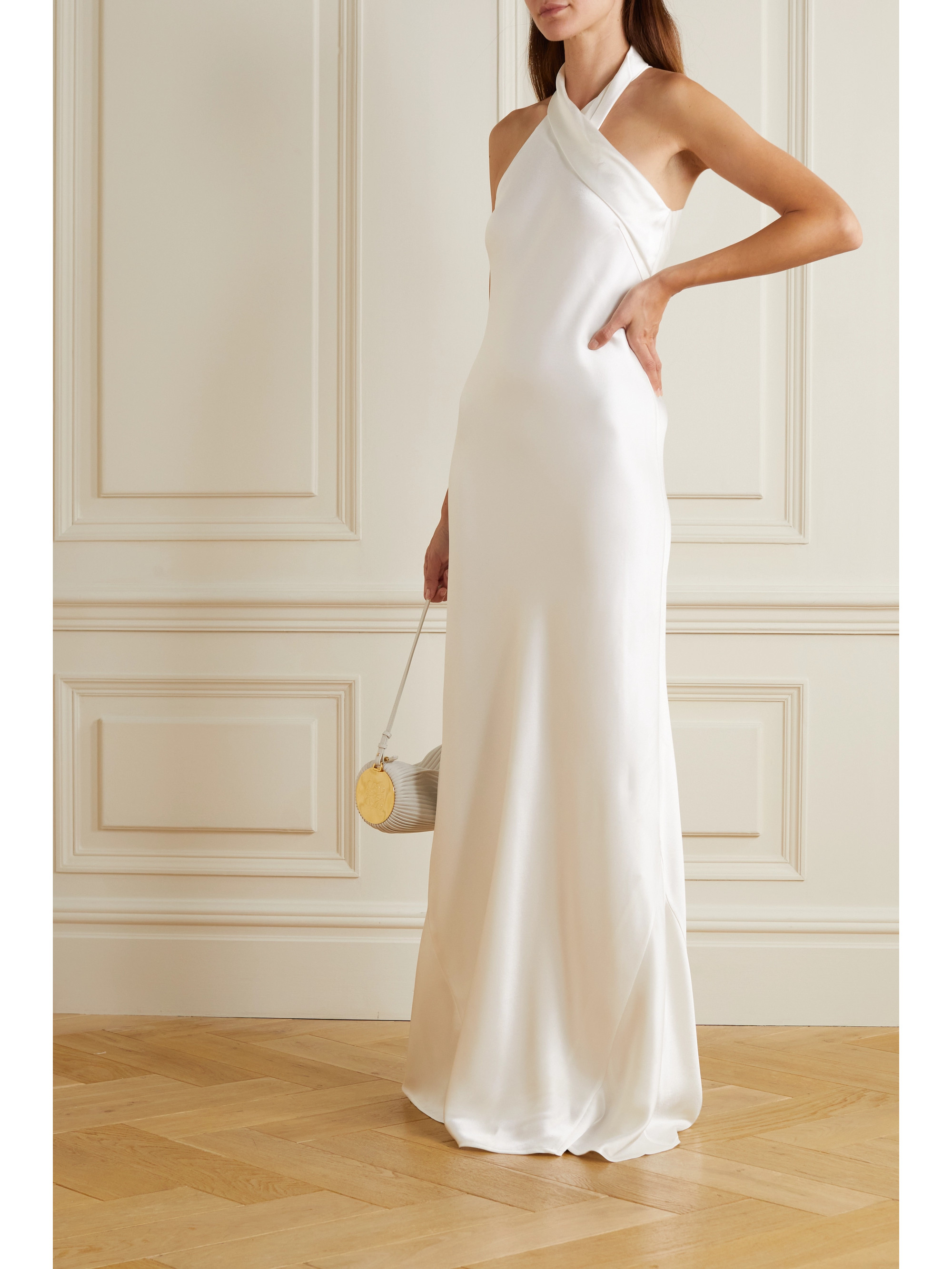 Galvan Mayfair halterneck asymmetric satin gown