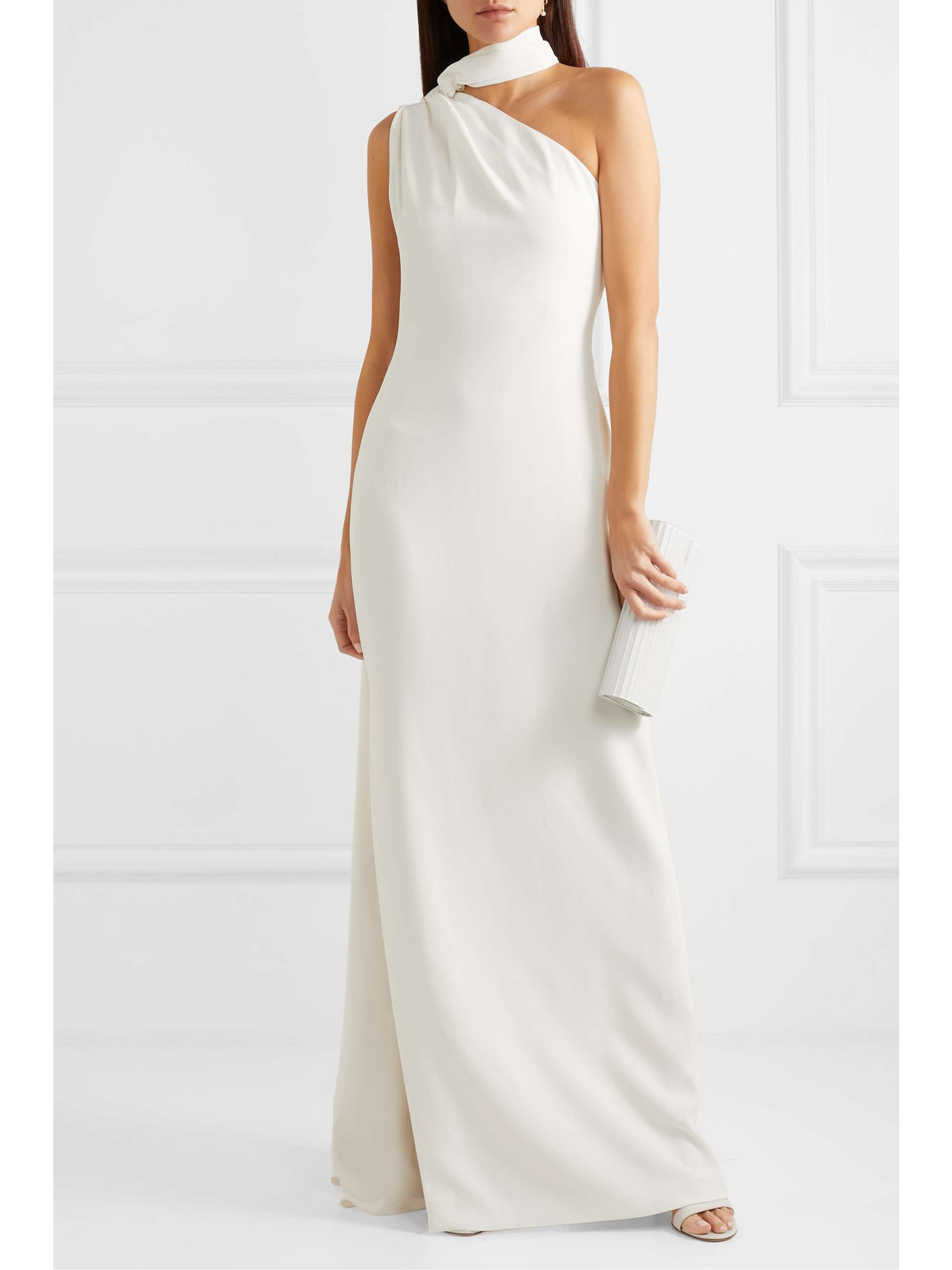 White One-shoulder draped crepe gown ...