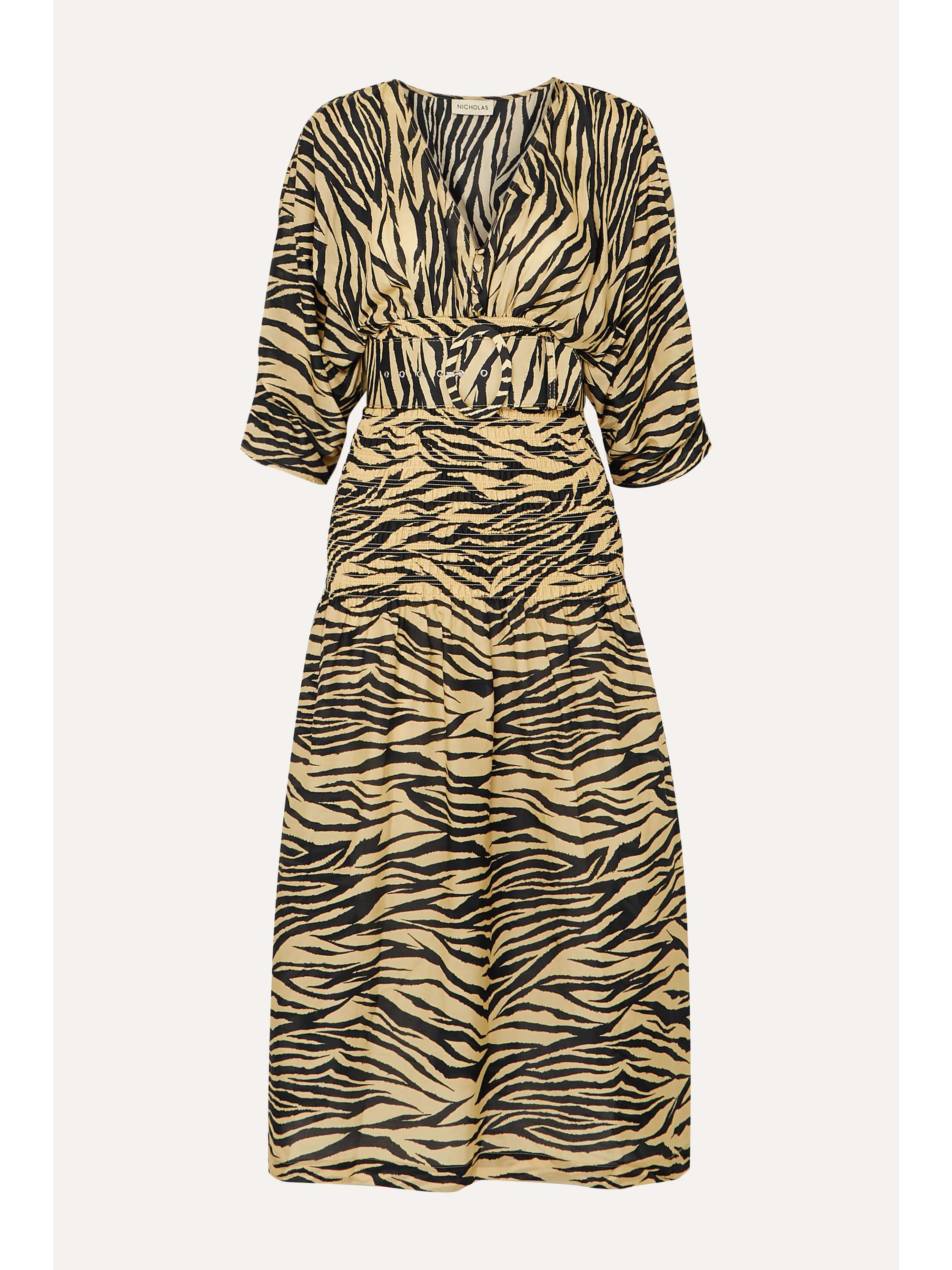 NICHOLAS Belted smocked zebra-print cotton and silk-blend midi dress