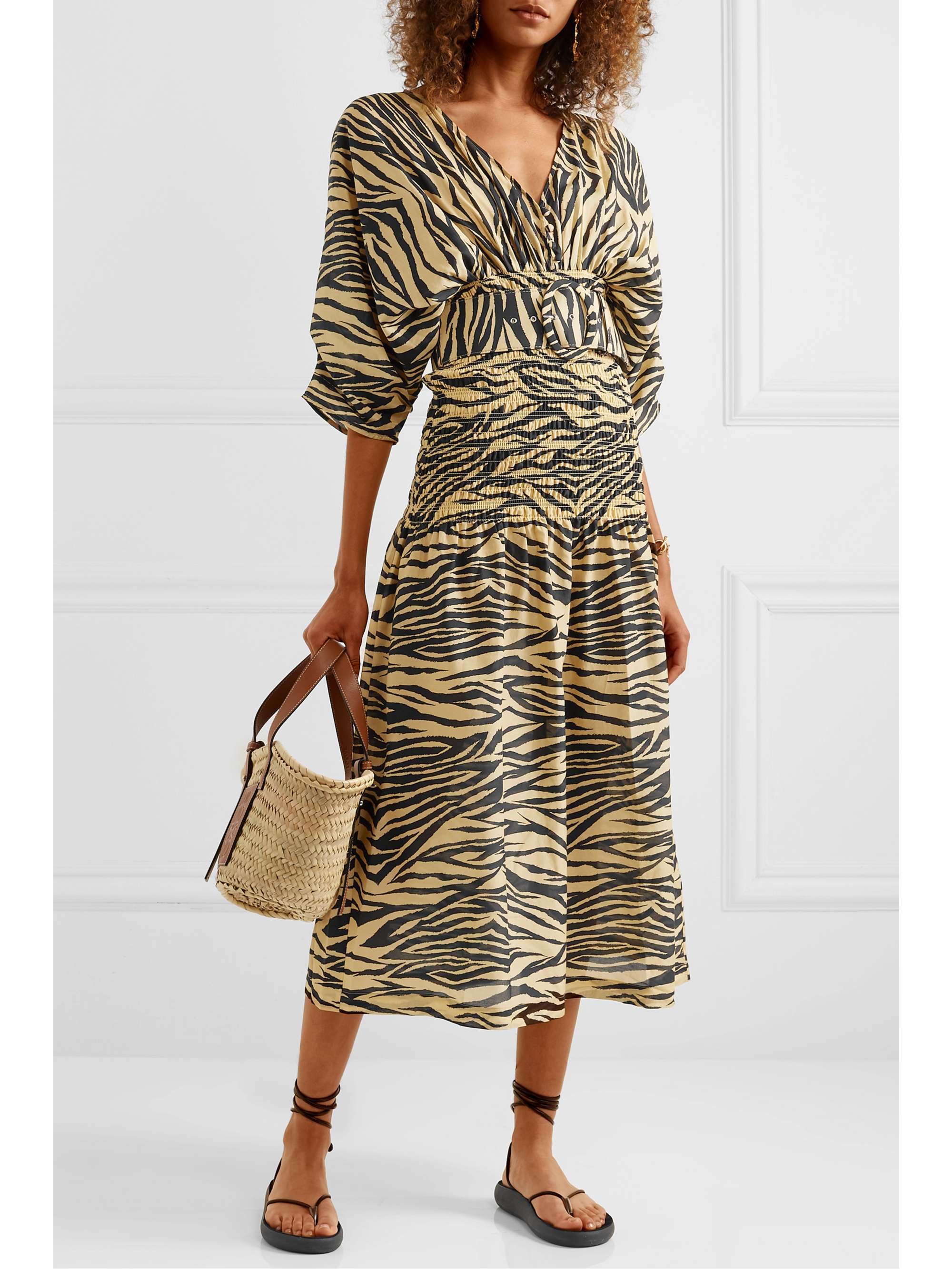 NICHOLAS Belted smocked zebra-print cotton and silk-blend midi dress