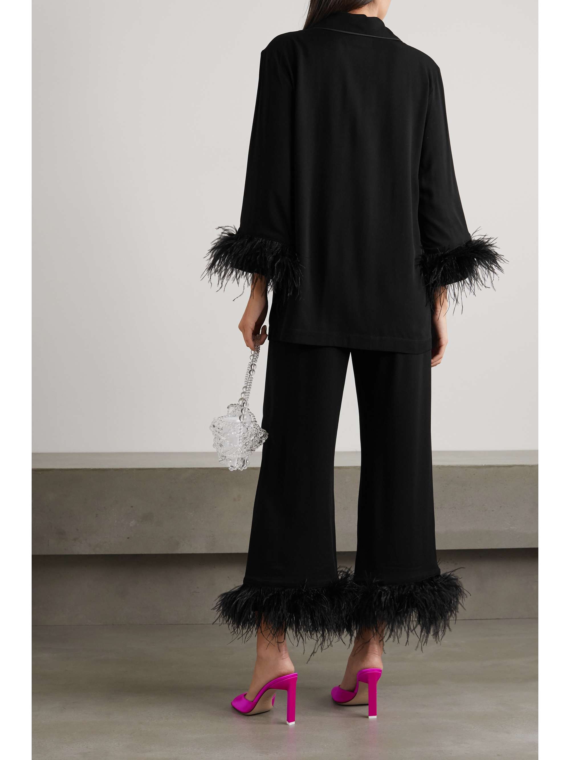 SLEEPER Black Tie feather-trimmed crepe de chine pajama set