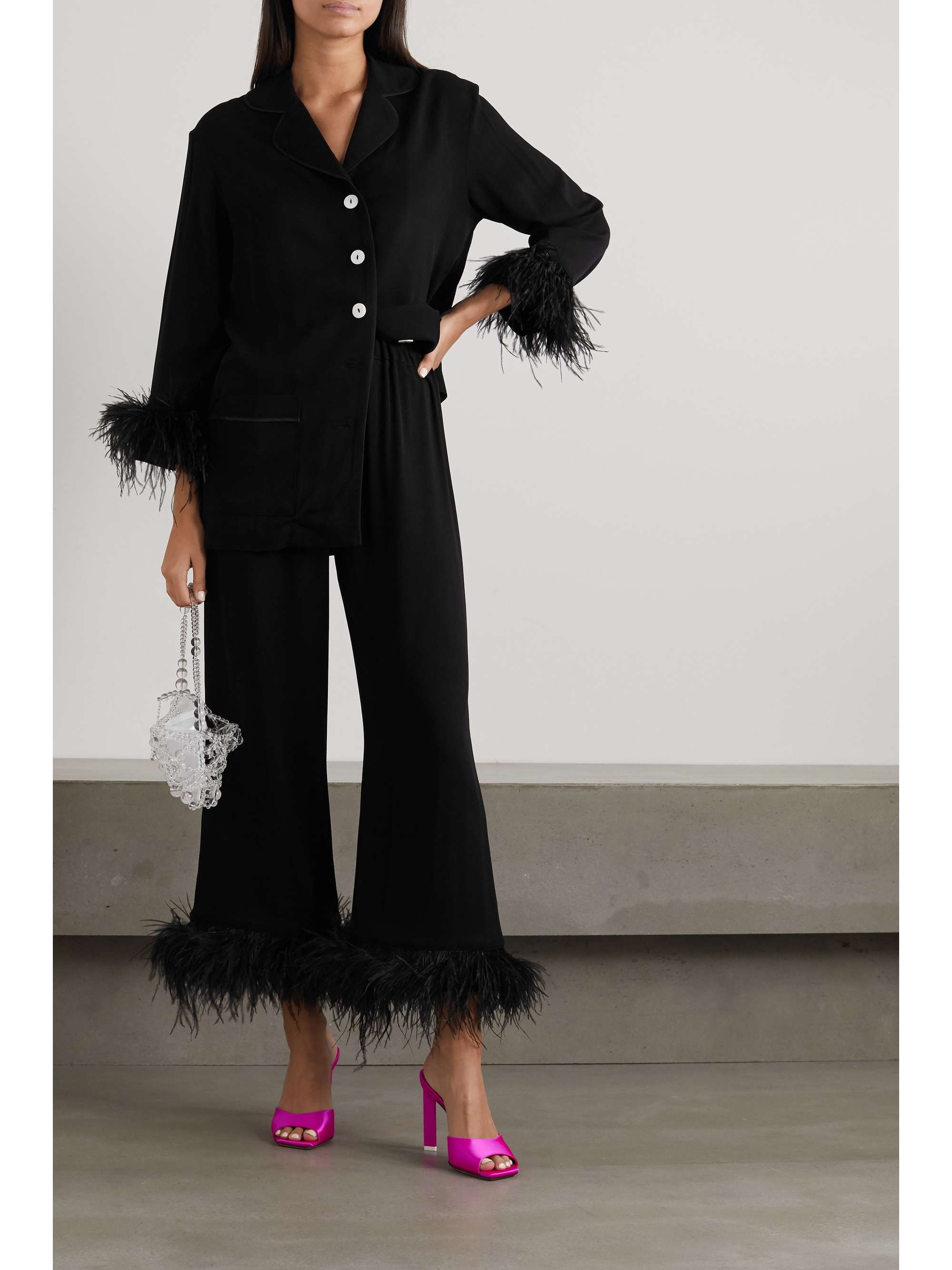 SLEEPER Black Tie feather-trimmed crepe de chine pajama set