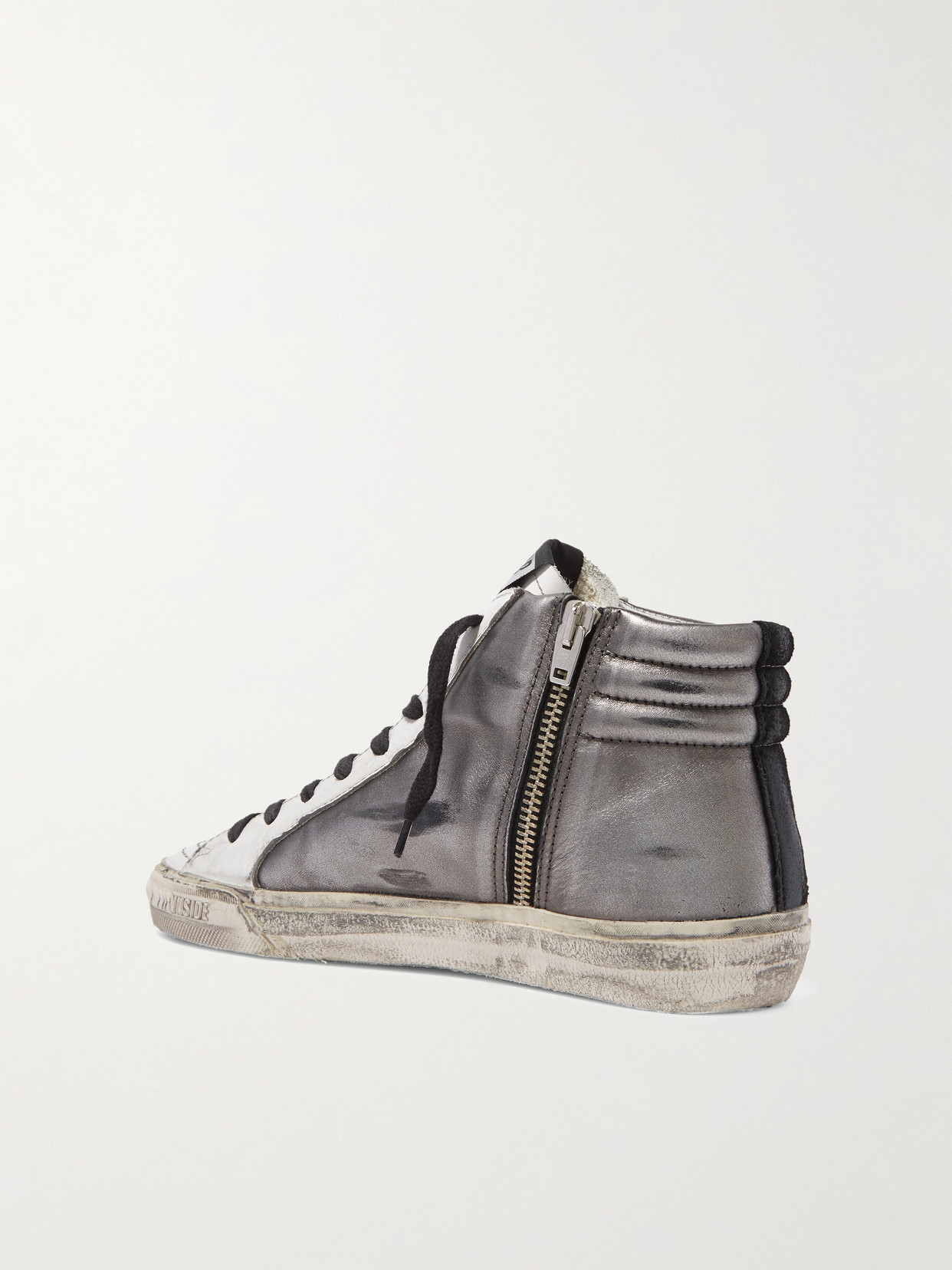GOLDEN GOOSE SLIDE DISTRESSED SUEDE-TRIMMED LEATHER AND LUREX HIGH-TOP SNEAKERS 