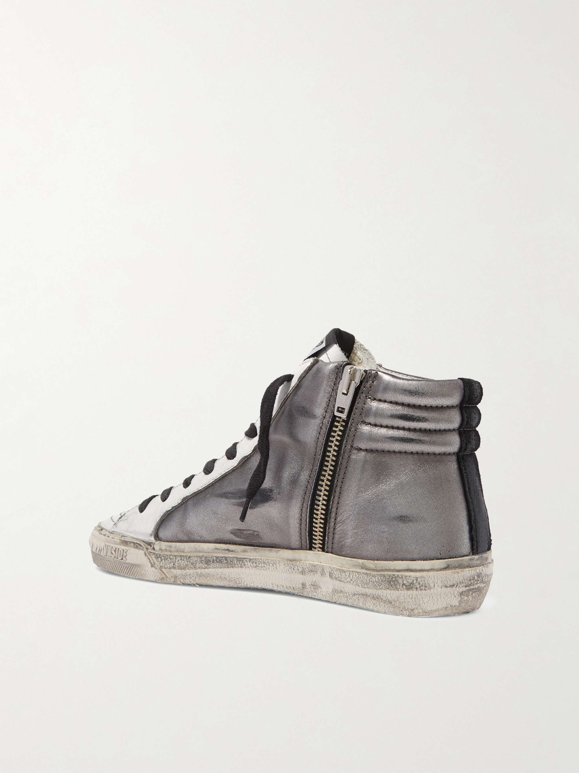 GOLDEN GOOSE Slide distressed suede-trimmed leather and Lurex high-top sneakers