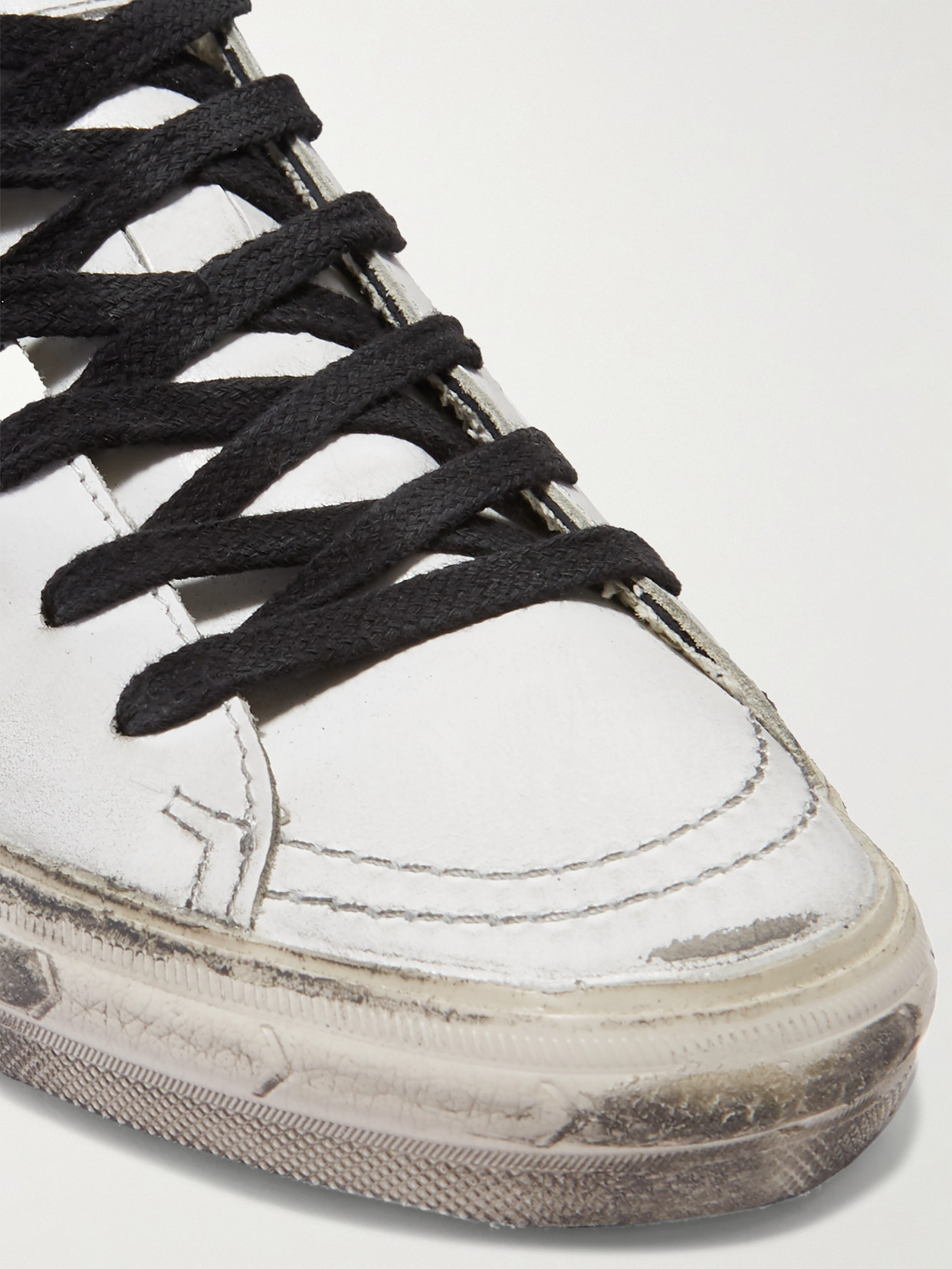 GOLDEN GOOSE SLIDE DISTRESSED SUEDE-TRIMMED LEATHER AND LUREX HIGH-TOP SNEAKERS 