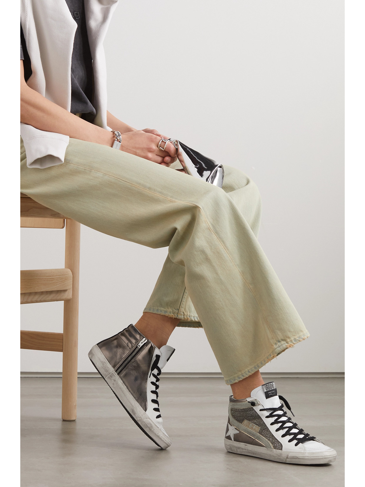 GOLDEN GOOSE SLIDE DISTRESSED SUEDE-TRIMMED LEATHER AND LUREX HIGH-TOP SNEAKERS 