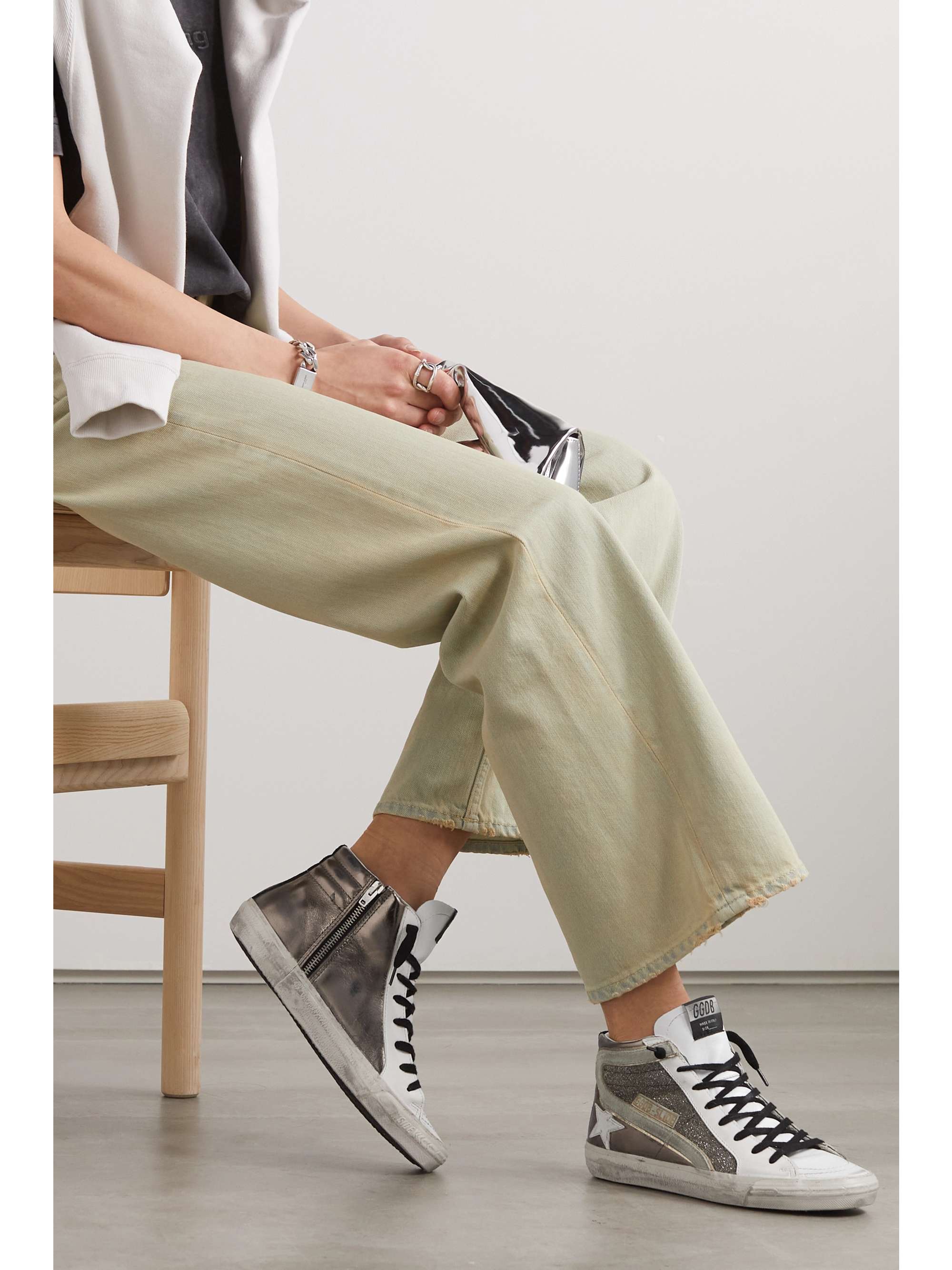 GOLDEN GOOSE Slide distressed suede-trimmed leather and Lurex high-top sneakers