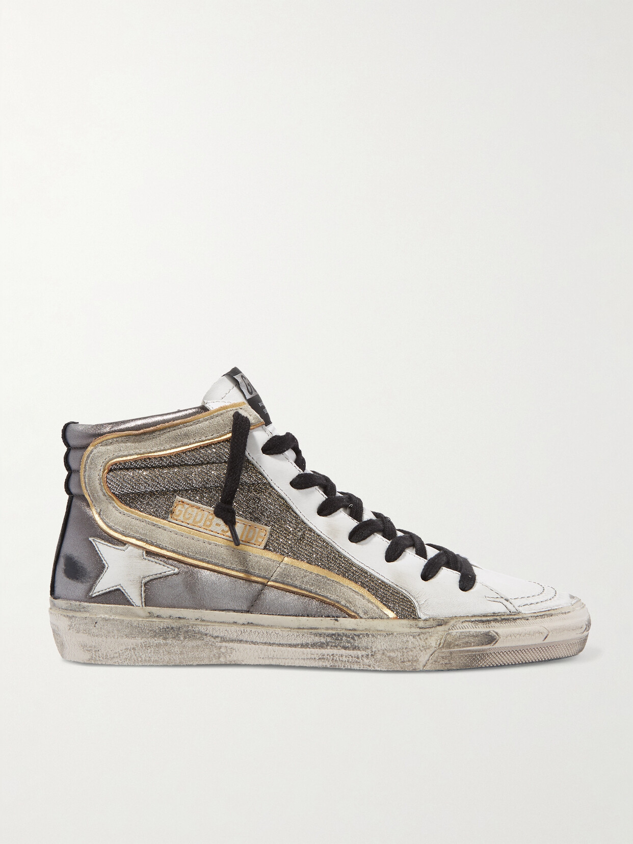 Golden Goose Slide Distressed Suede-trimmed Leather And Lurex High-top Sneakers In Metallic